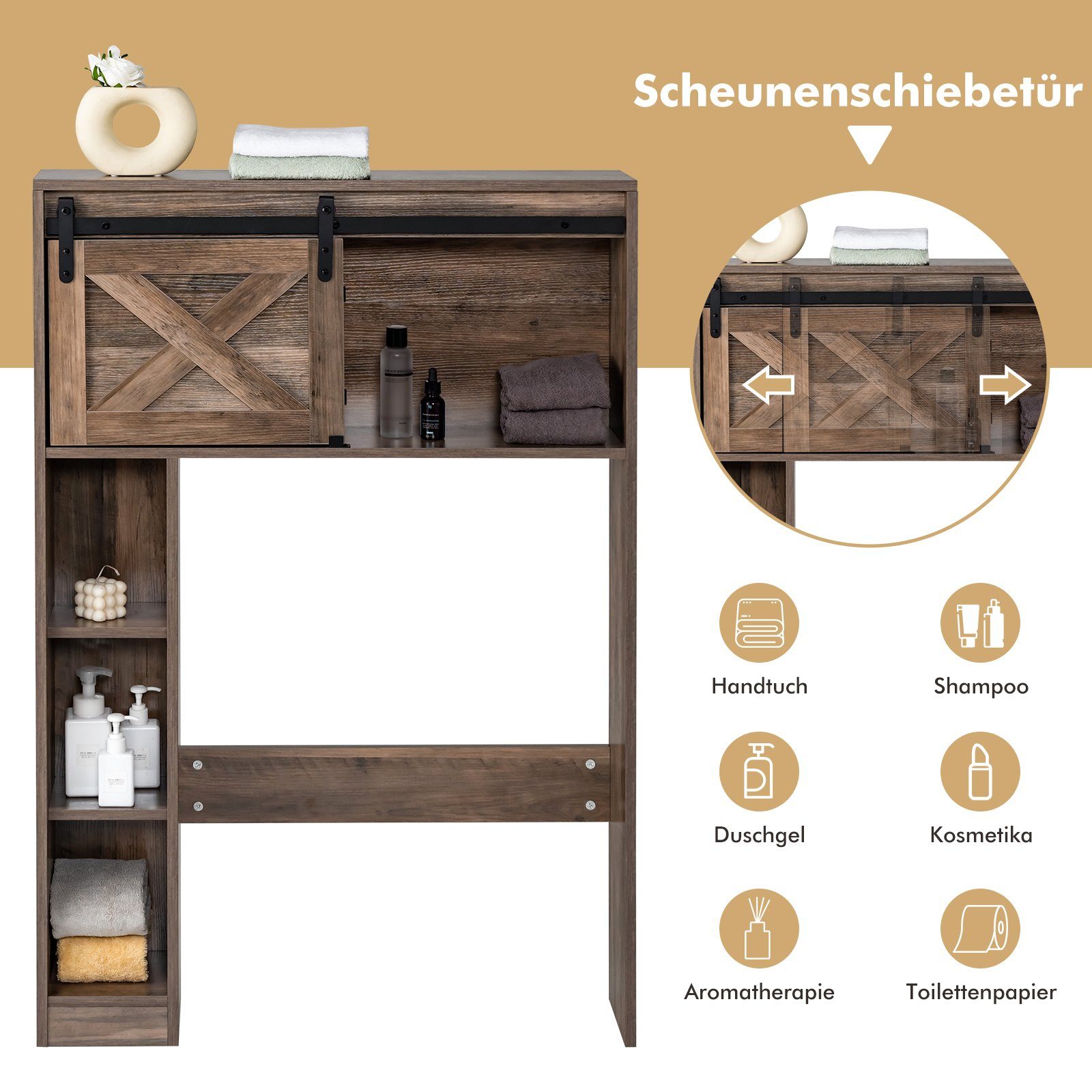COSTWAY Waschmaschinenumbauschrank Badregal aus Holz, mit Schiebetür