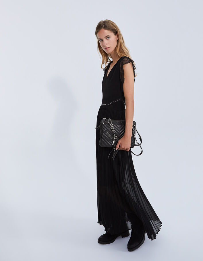 Robe longue noire plissée recyclée Femme