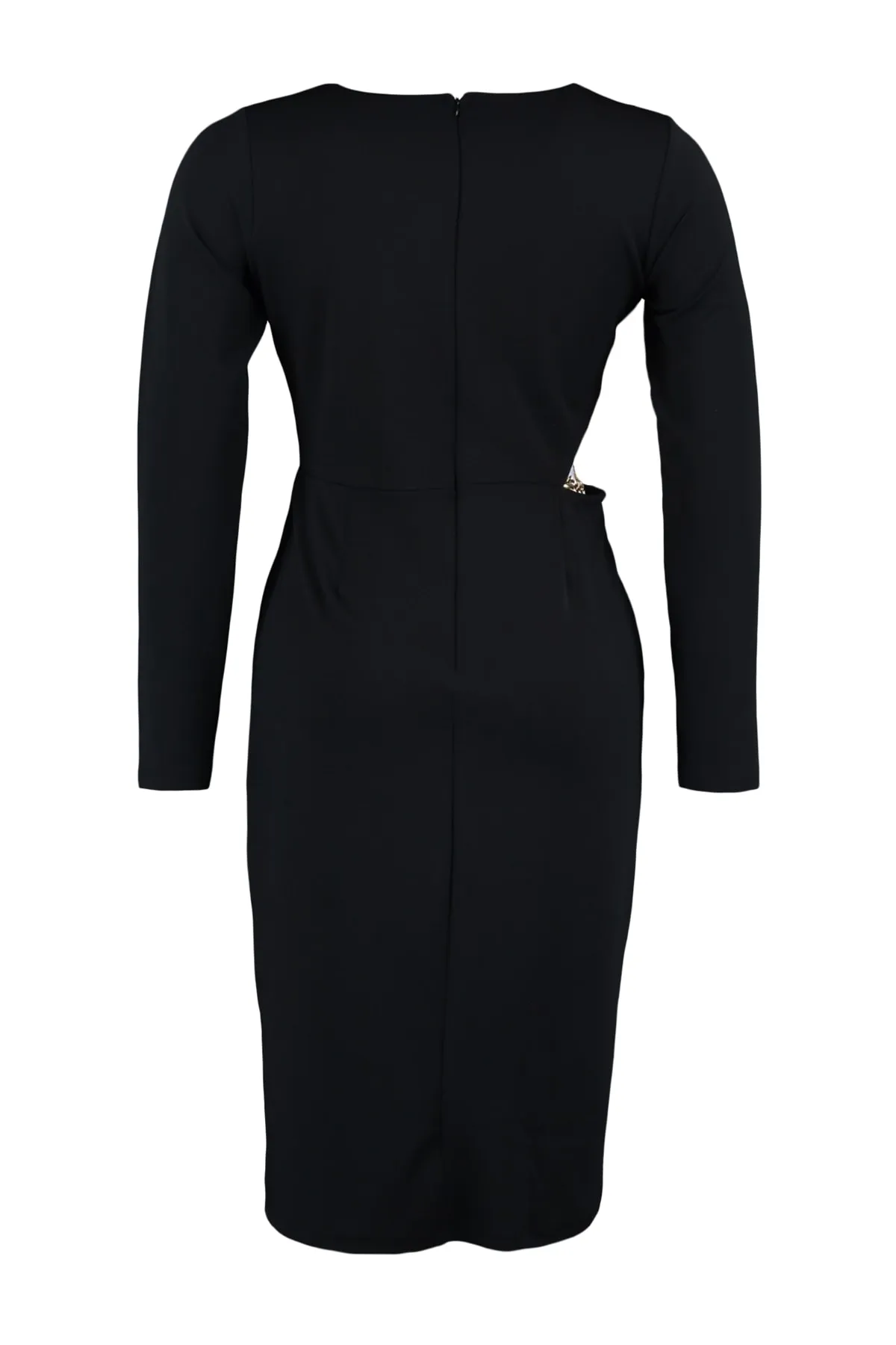 Trendyol Curve  Schwarzes Strickkleid mit Gürtelkette und detailliertem Rundhalsausschnitt mit Ausschnitten TBBAW23AH00123