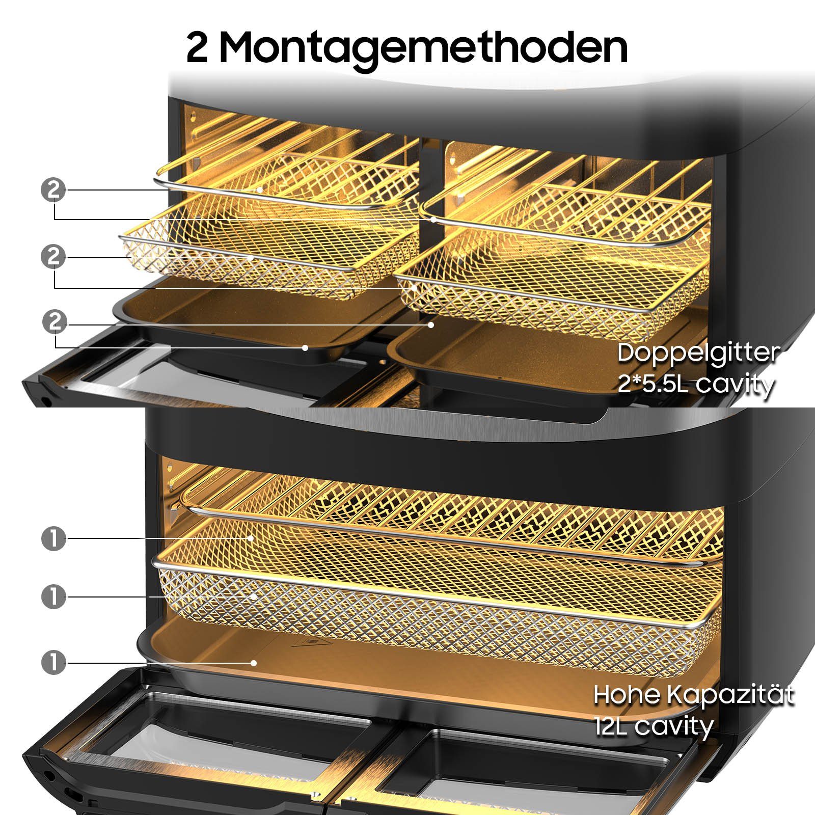 iceagle Heißluftfritteuse 5511D XXL, Air fryer 12L ohne fett, LED Touchscreen,Braten, 2200,00 W, LED Touchscreen, spuelmaschinengeeignet, Sync Finish Funktion, ohne Ol