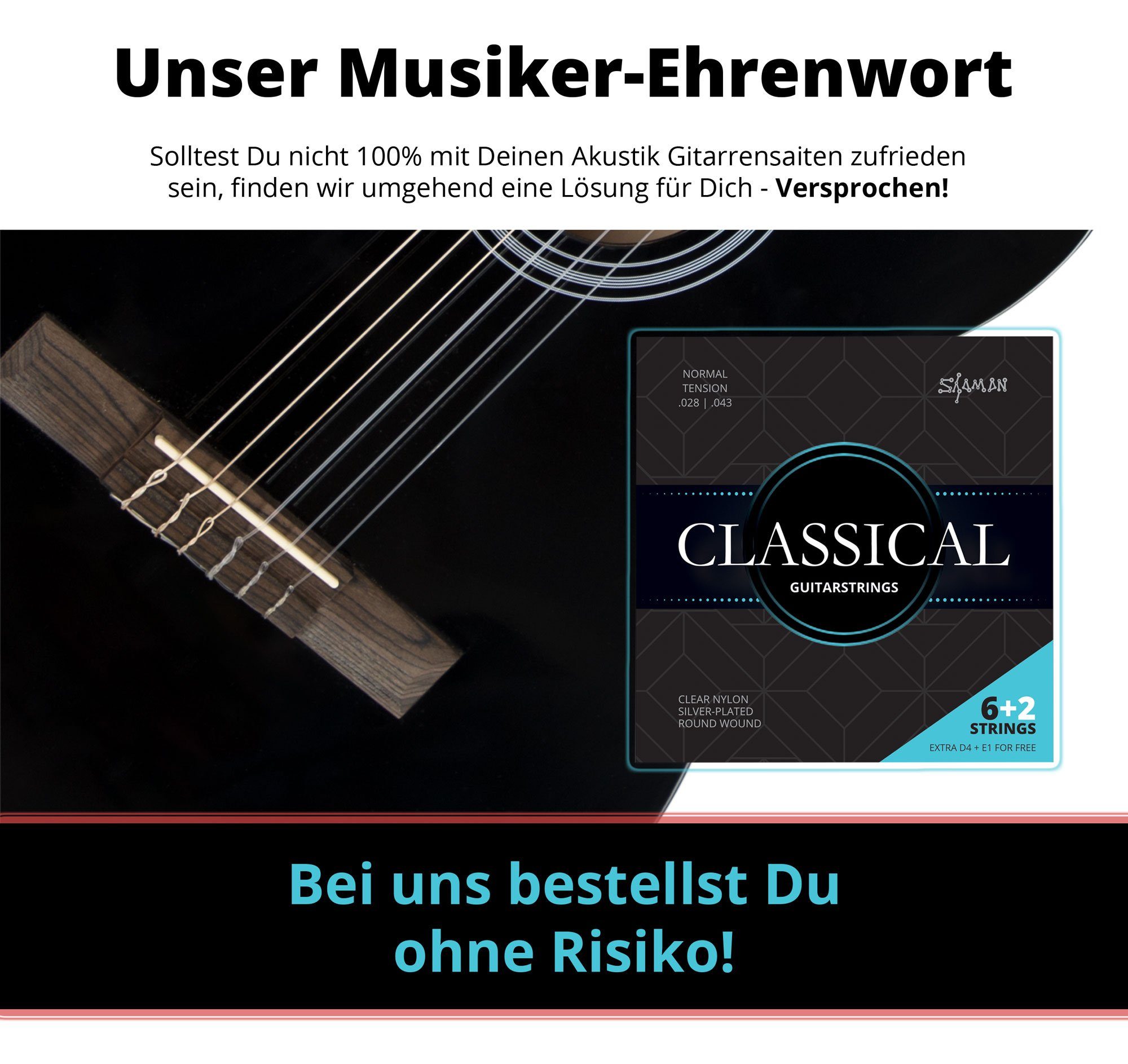 Shaman Saiten Gitarrensaiten für Konzertgitarre, (6+2 Saiten-Set, 11-tlg), Kompletter Satz plus 2 Ersatz-Saiten (E1 und D4)
