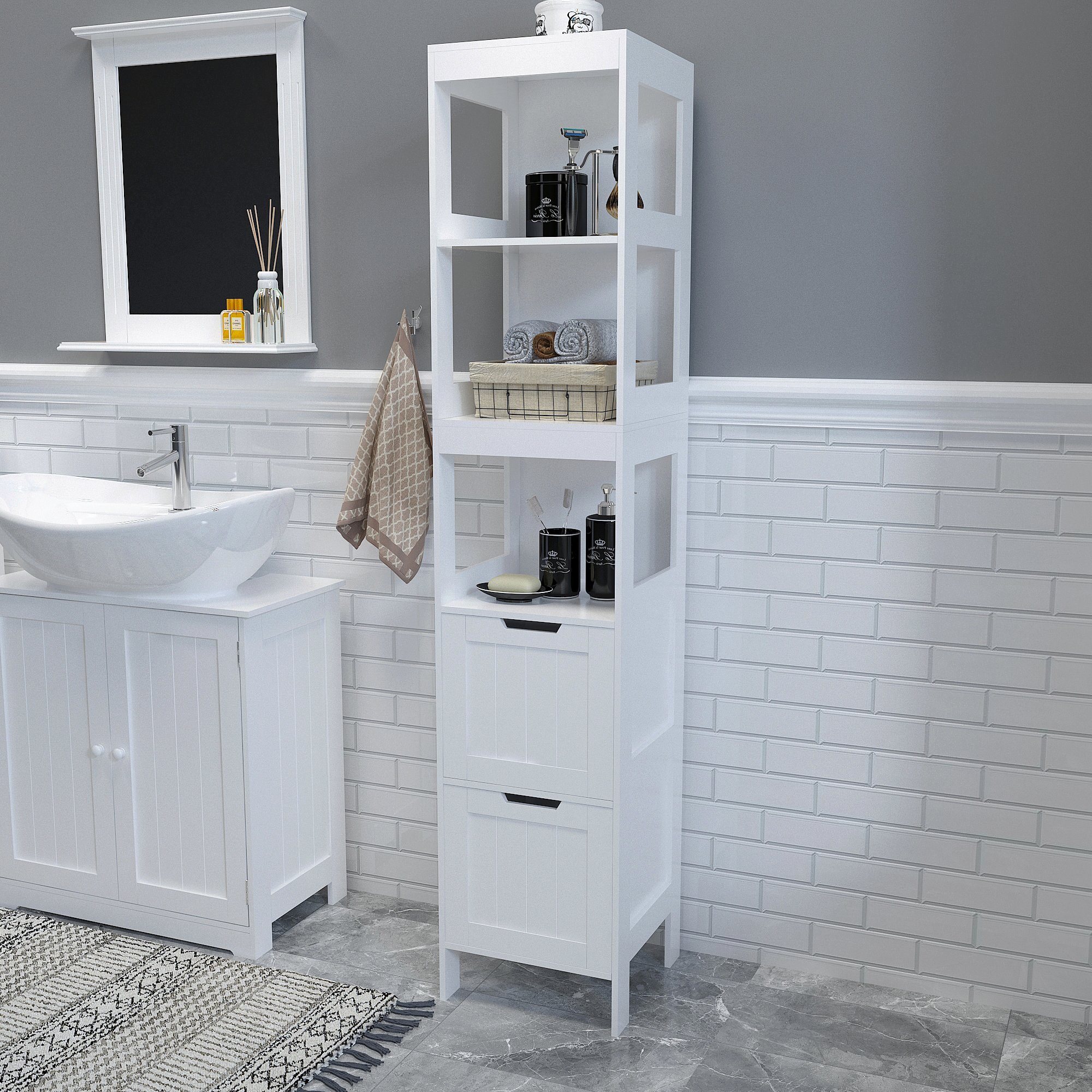 Mondeer Badkommode Badezimmerschrank, Hochschrank, Badschrank, mit 2 Schubladen und 3 offenen Regal