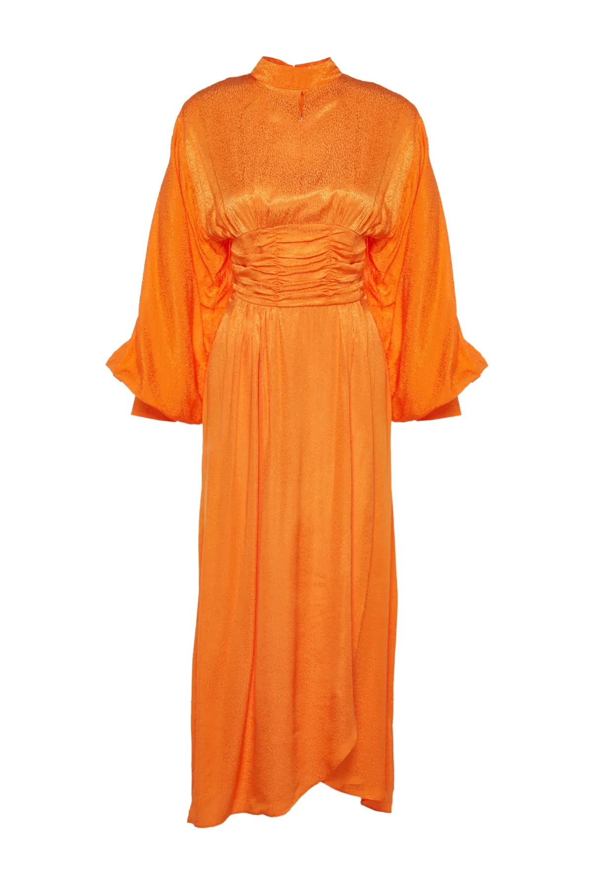 Trendyol Modest  Orangefarbenes Abendkleid mit Ballonärmeln und drapierter Taille, selbstgemustert TCTSS23DB00017