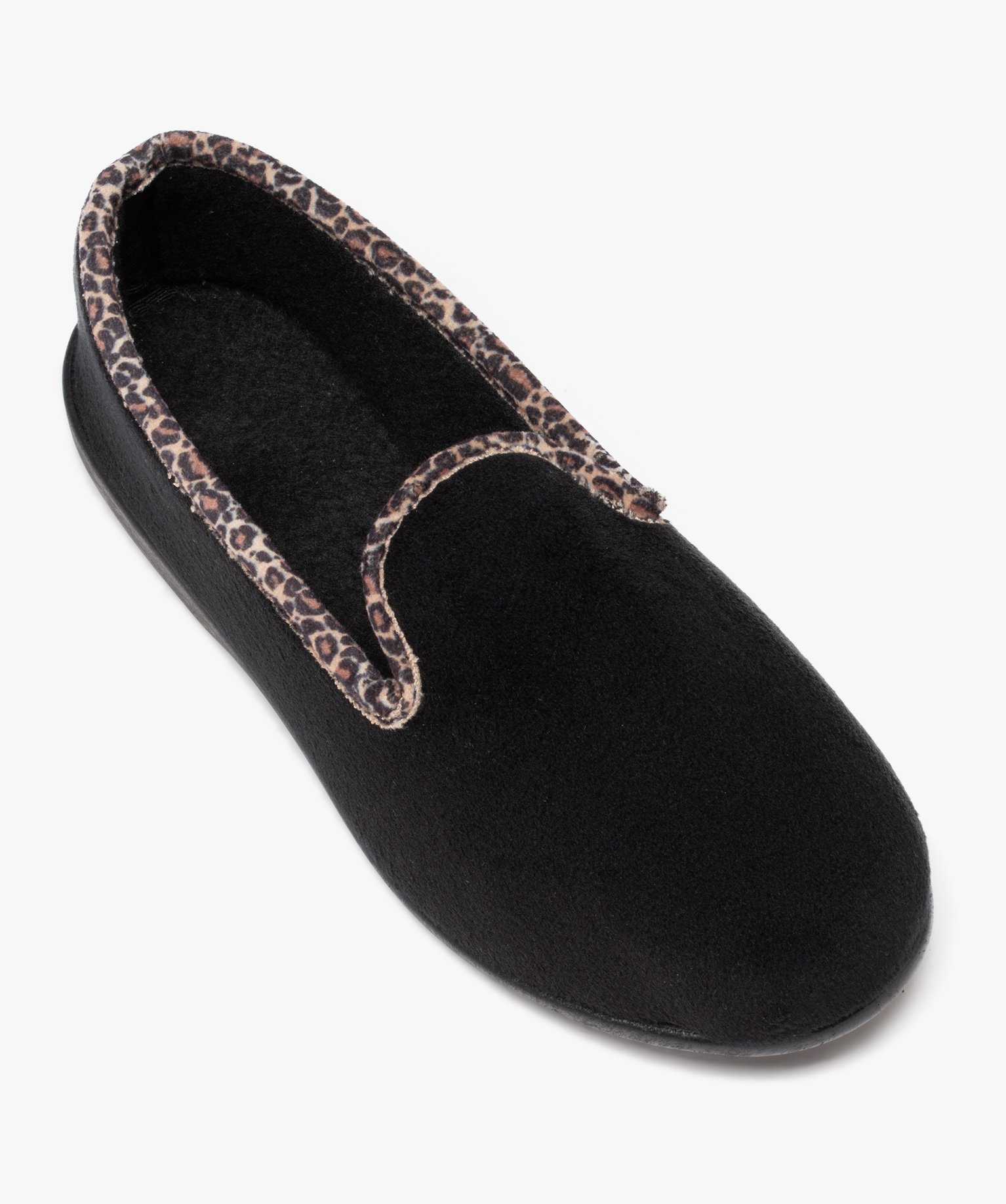 Chaussons femme pantoufles unies à col motif léopard noir | GEMO