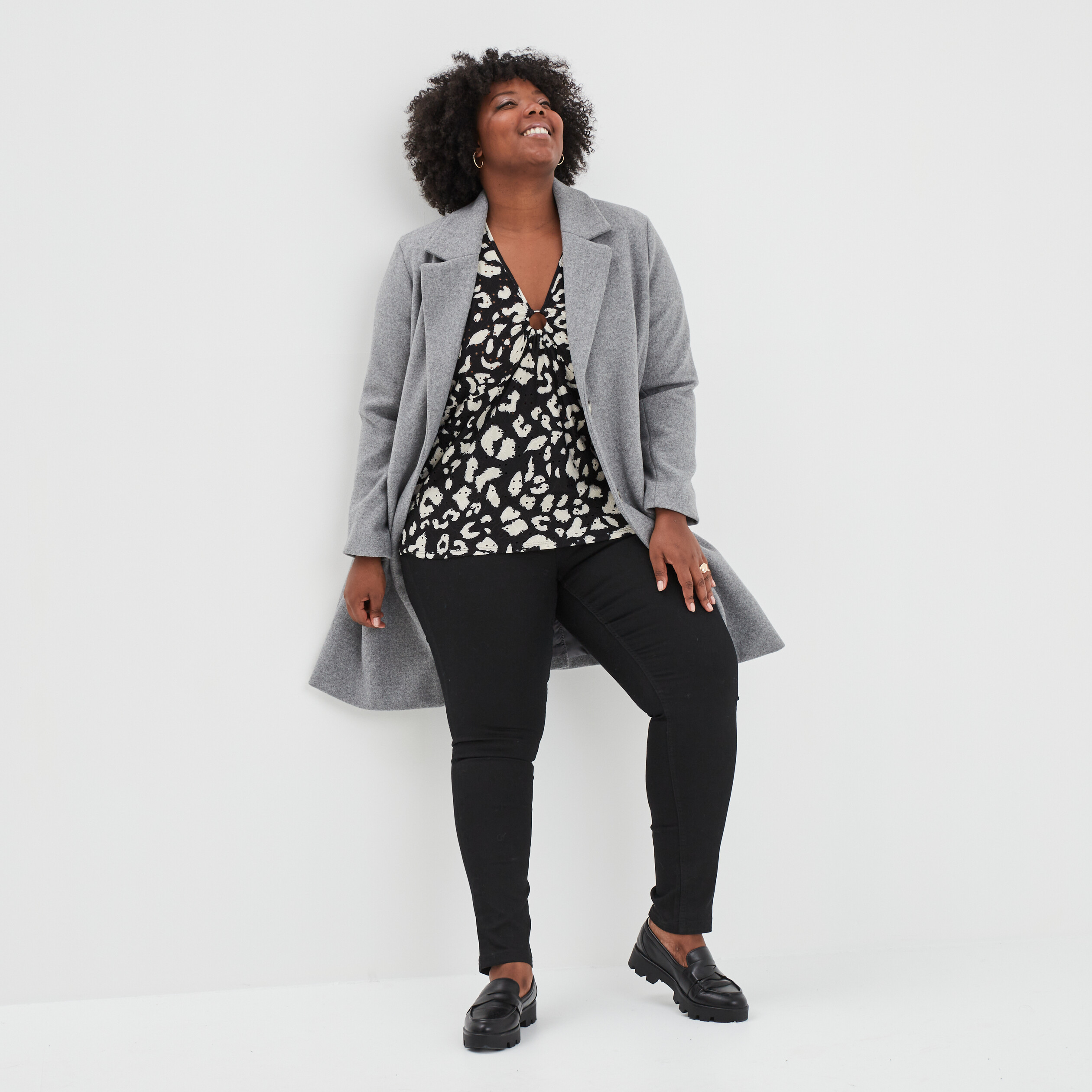 Manteau long boutonné gris femme grande taille | La Halle