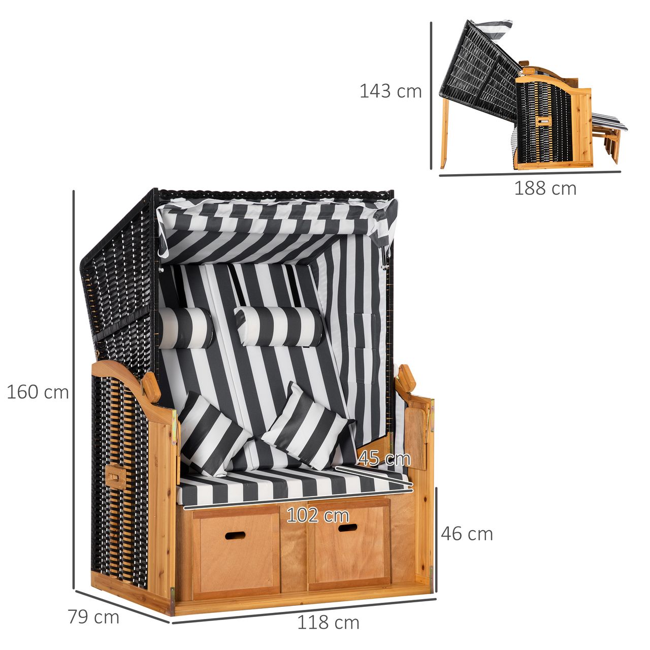 Outsunny Strandkorb Doppelte Sonnenliege mit Dach Doppelliege mit Getränkehaltern Chaiselongue 5-stufige Rückenlehne PE-Rattan Grau Weiß 118 x 79 x 150 cm