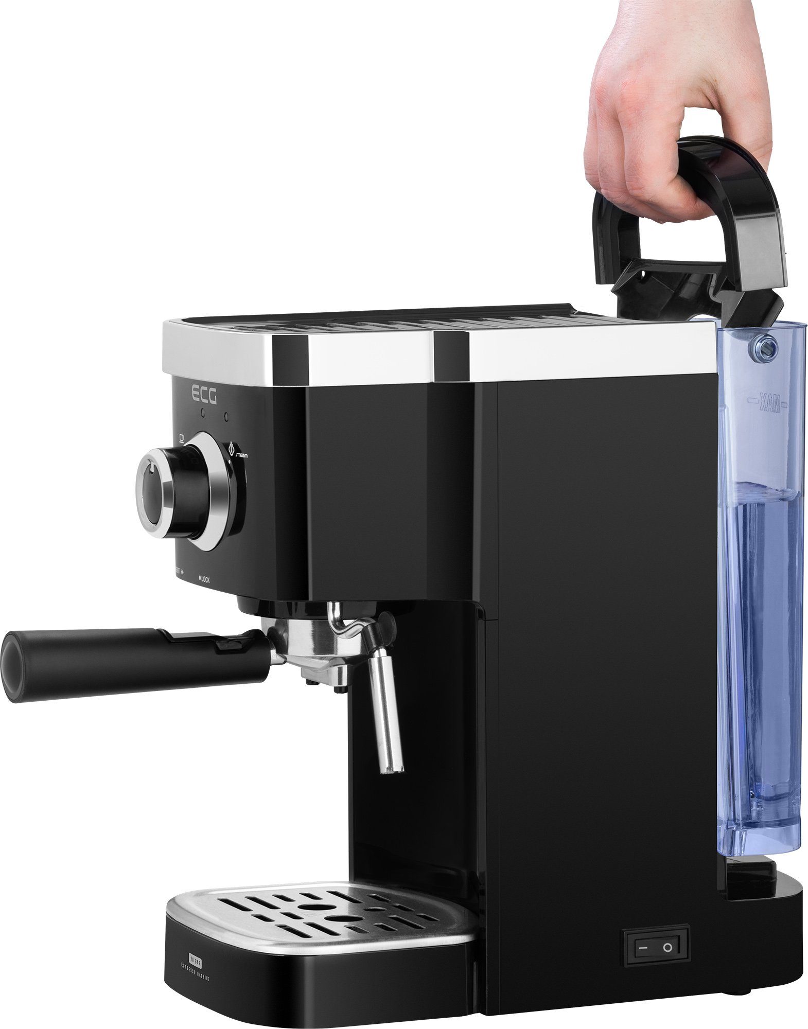 ECG Siebträgermaschine ESP 20301 Black, SLIM-Design, Dampfdüse zum Aufschlagen von Milch