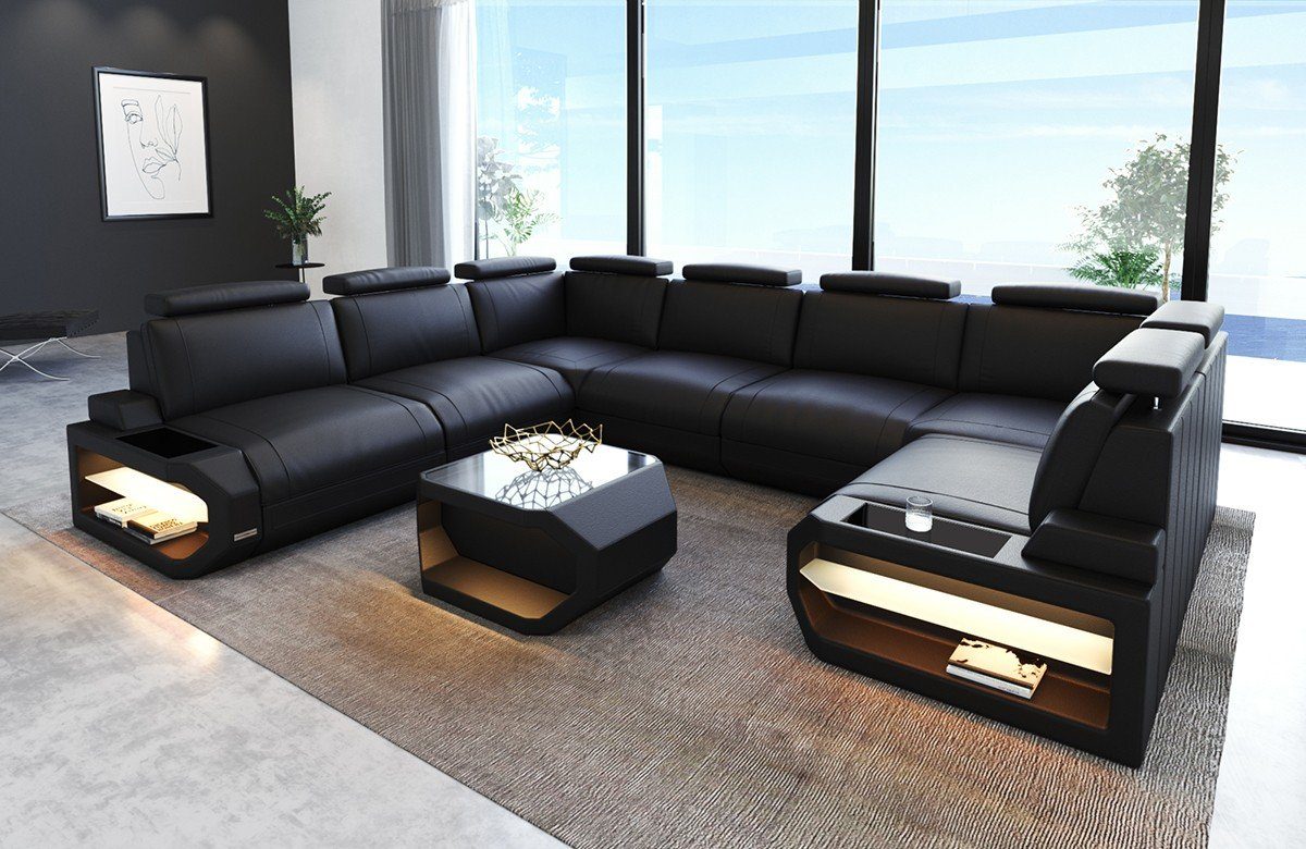 Sofa Dreams Wohnlandschaft Leder Couch Sofa Siena U Form Ledersofa, U-Form Ledersofa Wohnlandschaft mit LED-Beleuchtung und USB