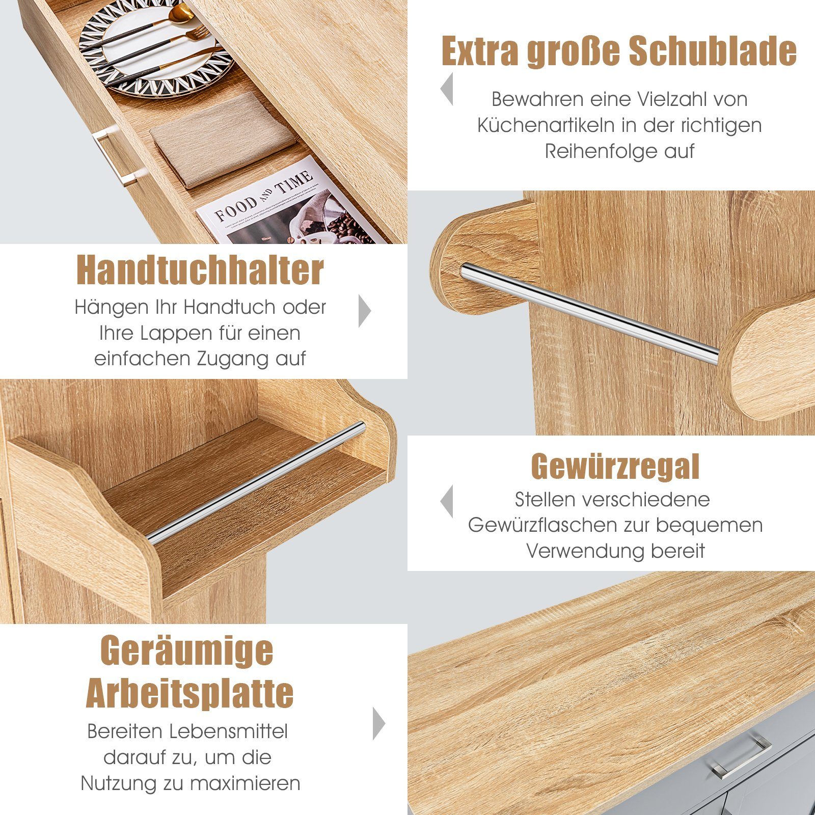 COSTWAY Küchenwagen, mit Handtuchhalter, Gewürzboard & Ablage, rollbar