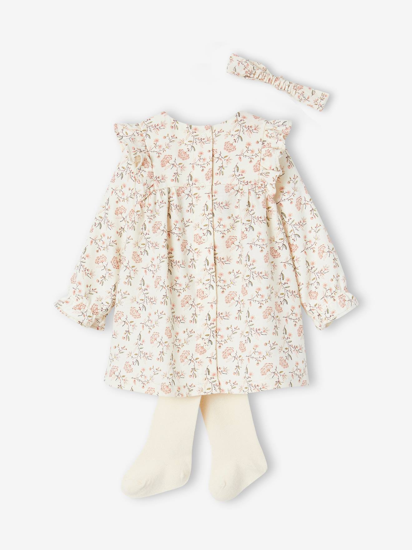 Ensemble 3 pièces bébé robe, collants et son bandeau assorti écru