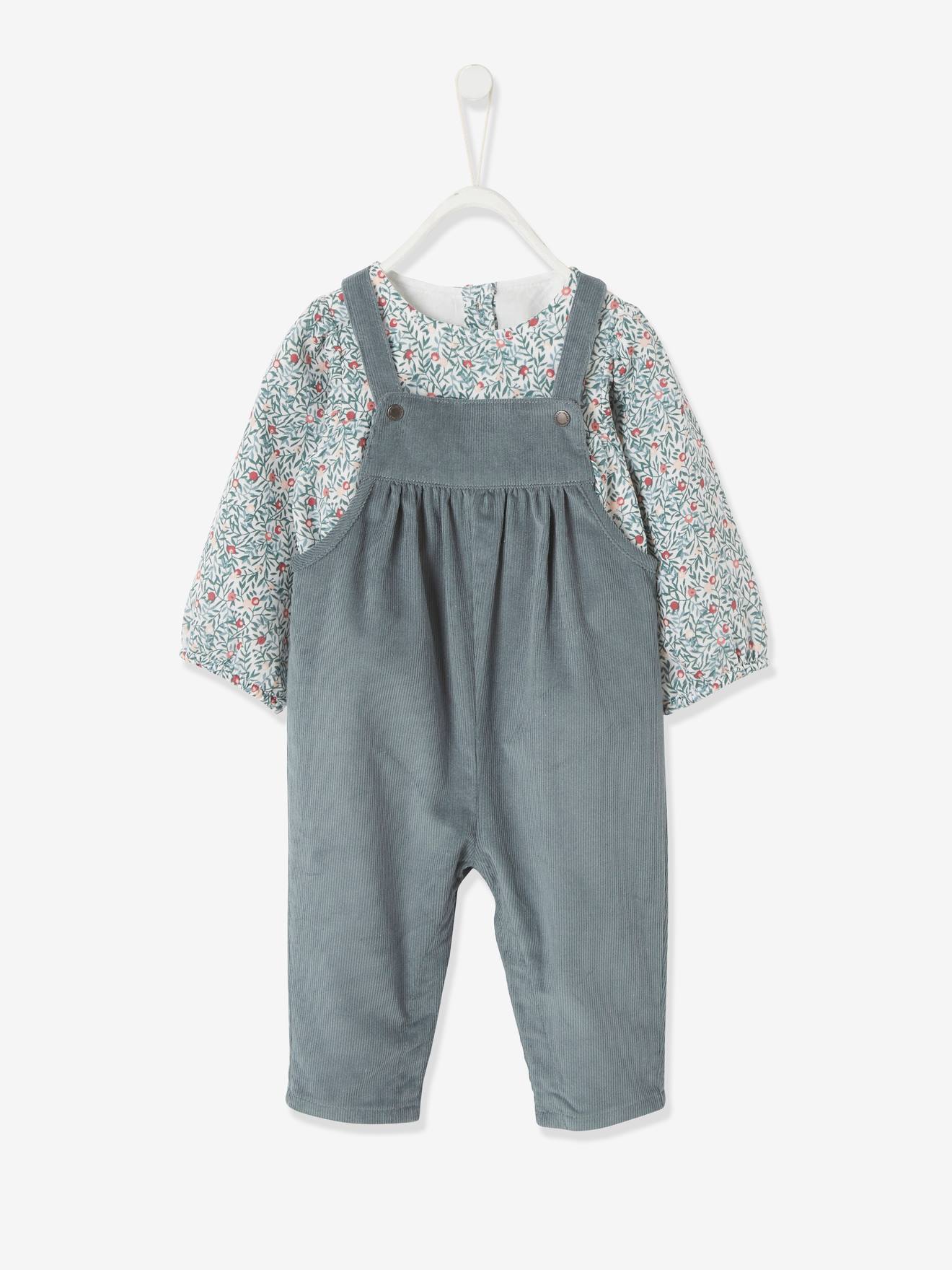 Ensemble blouse et salopette velours bébé fille bleu céleste