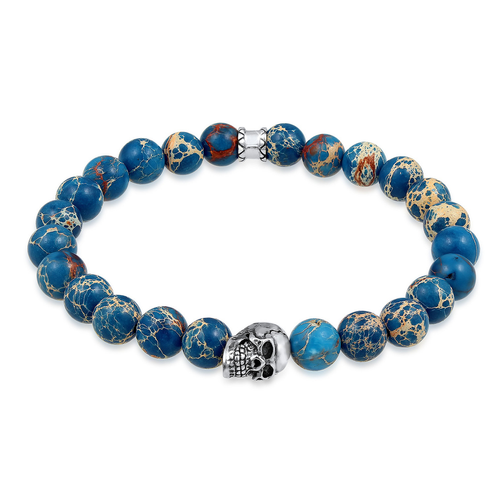 KUZZOI KUZZOI Bracelet Homme symbole de la tête de mort avec des boules d'agate en argen Bracelet