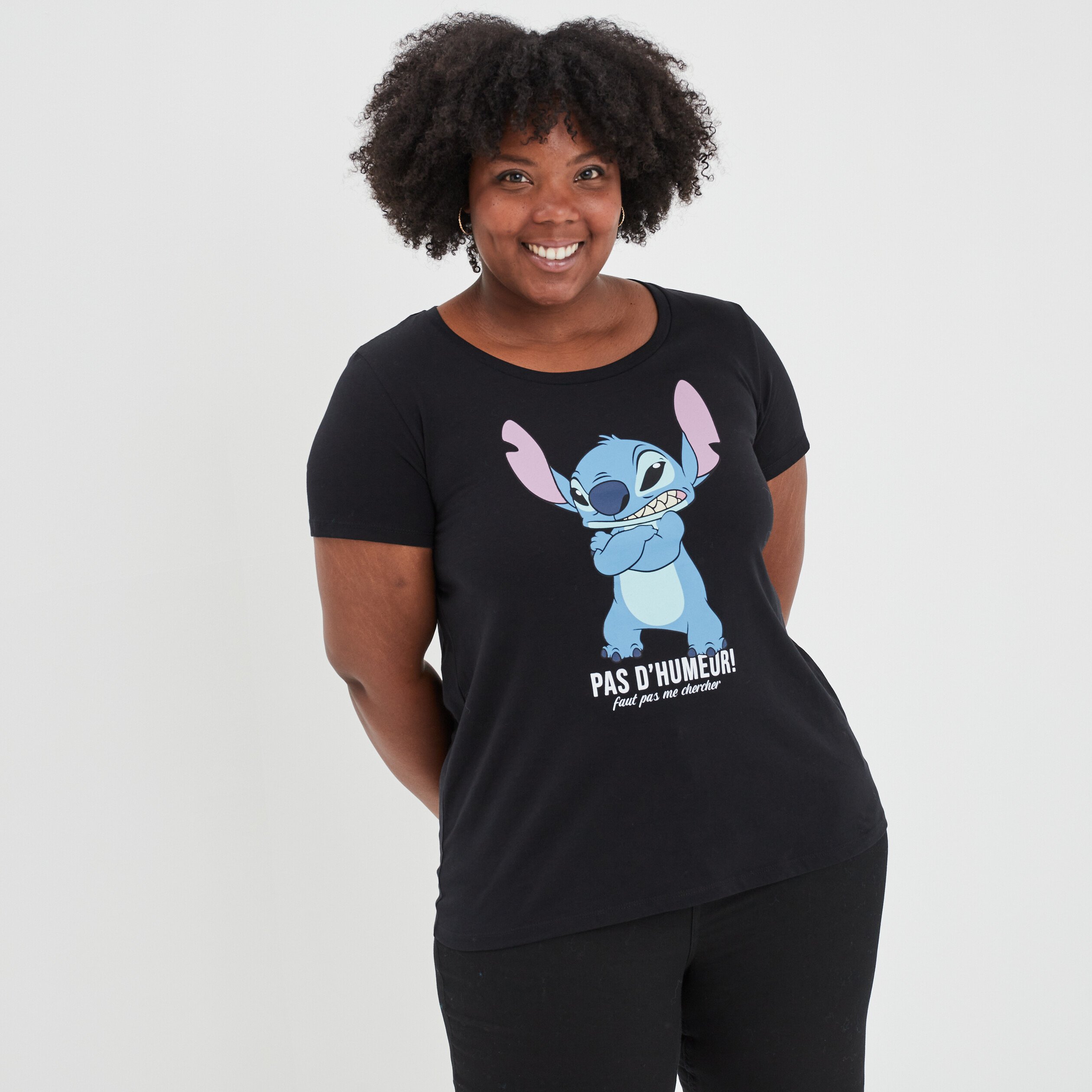T-shirt droit manches courtes Stitch noir femme grande taille | La Halle