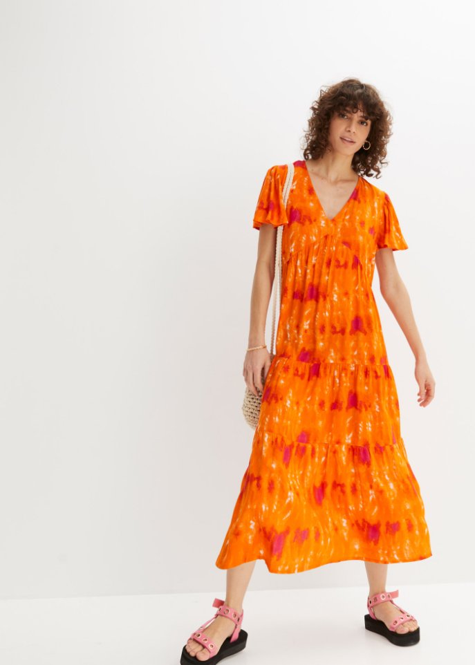 Knieumspielendes Jerseykleid mit Flügelärmeln, Volants und Taschen