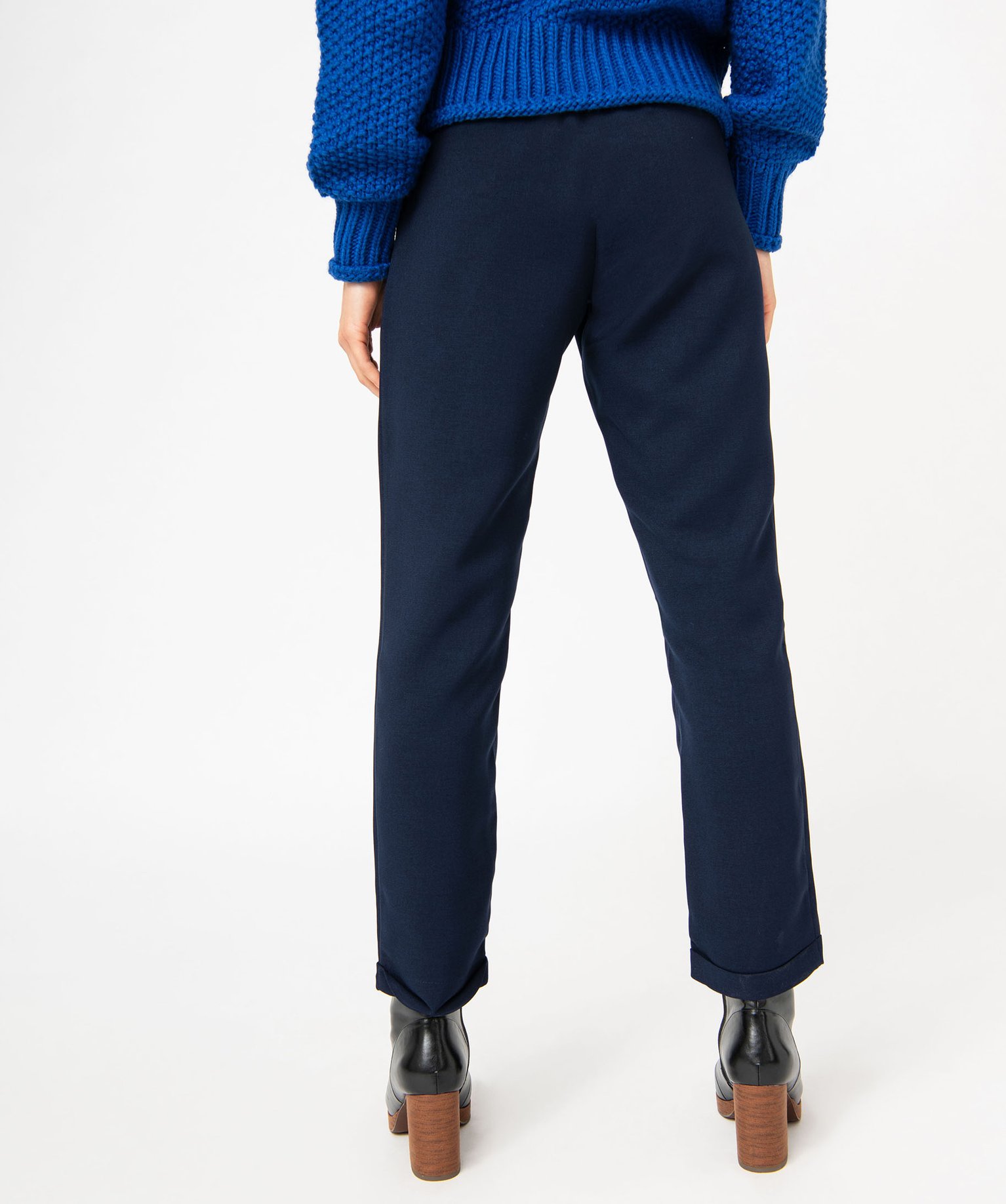 Pantalon en toile coupe ample avec taille élastique femme marine | GEMO
