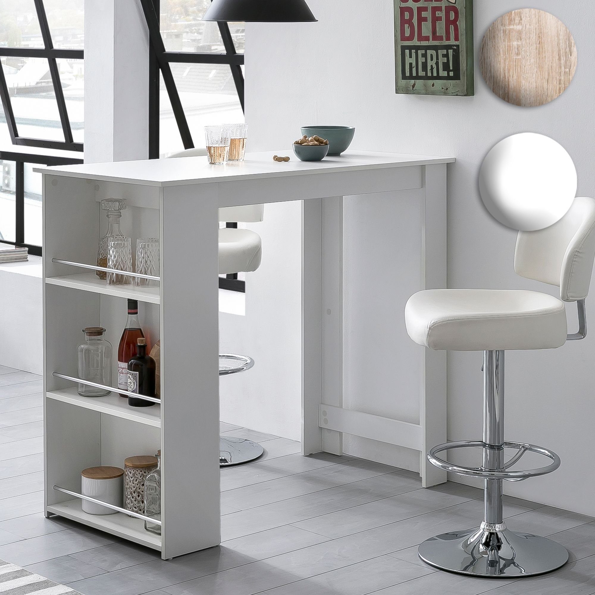 FINEBUY Bartisch SuVa13572_1 (Weiß 120 x 107,5 x 60 cm, Stehtisch Spanplatte), Bartisch mit Regal, Küchenbartisch Rechteckig