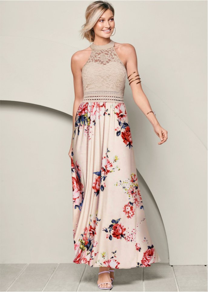 Sommer-Maxikleid mit Blumen-Print und Spitze