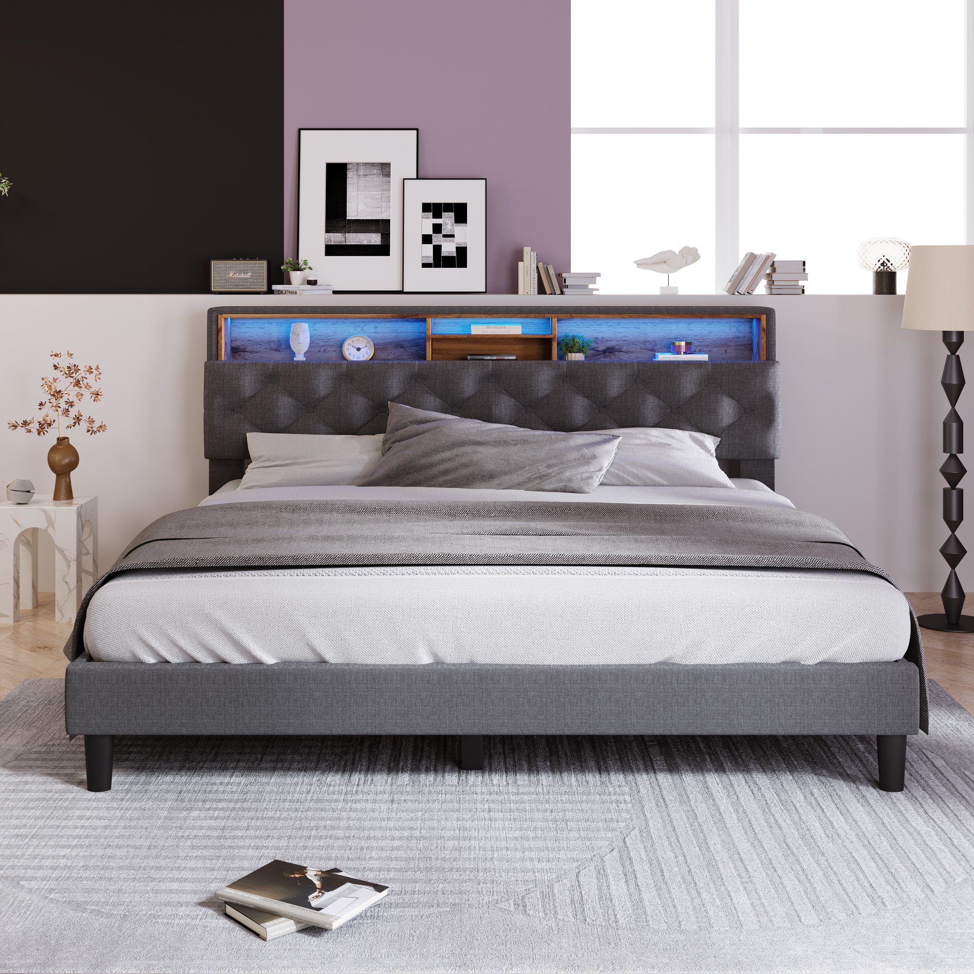 Flieks Polsterbett, LED-Beleuchtung Doppelbett mit Stauraum 140x200cm Leinen