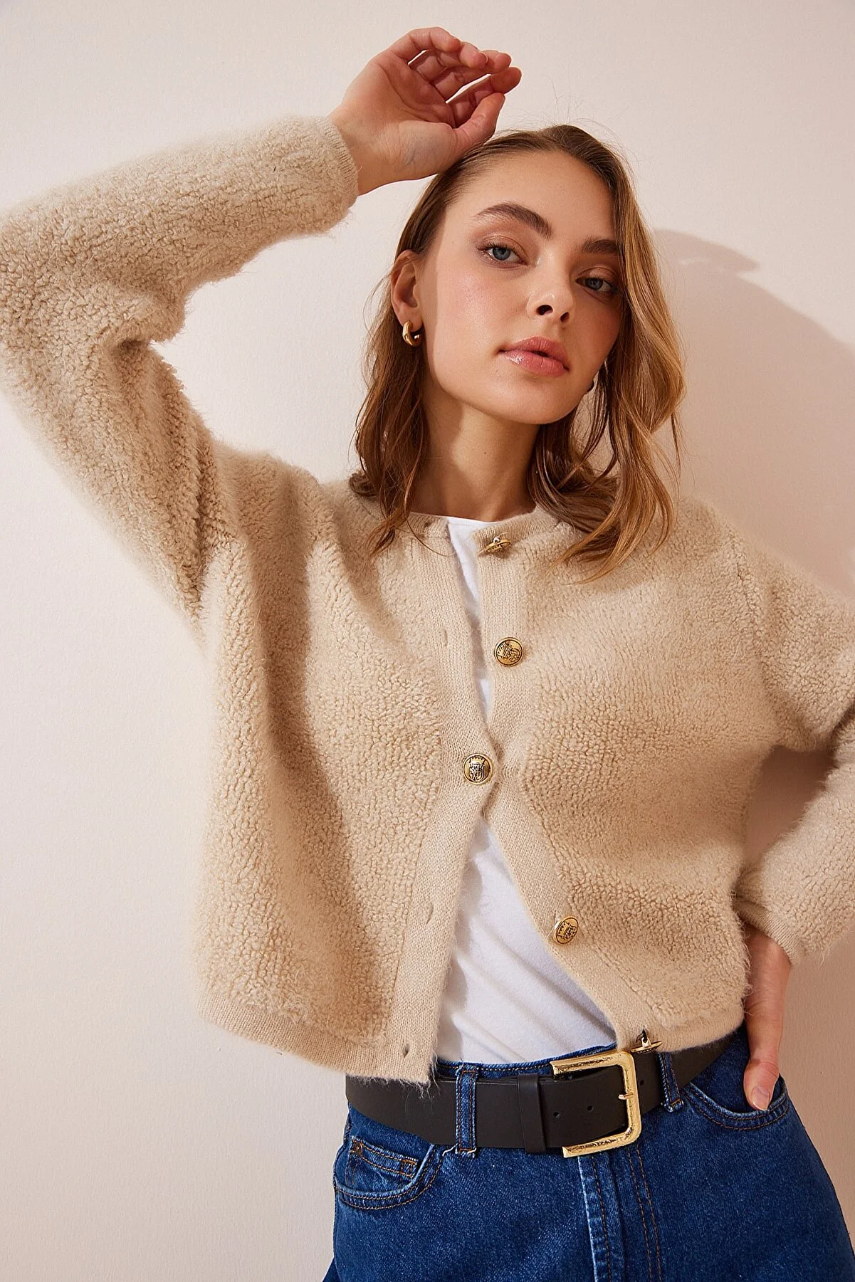 Happiness İstanbul  Damen Dunkelcreme Bouclé Strickjacke Cardigan YY00117