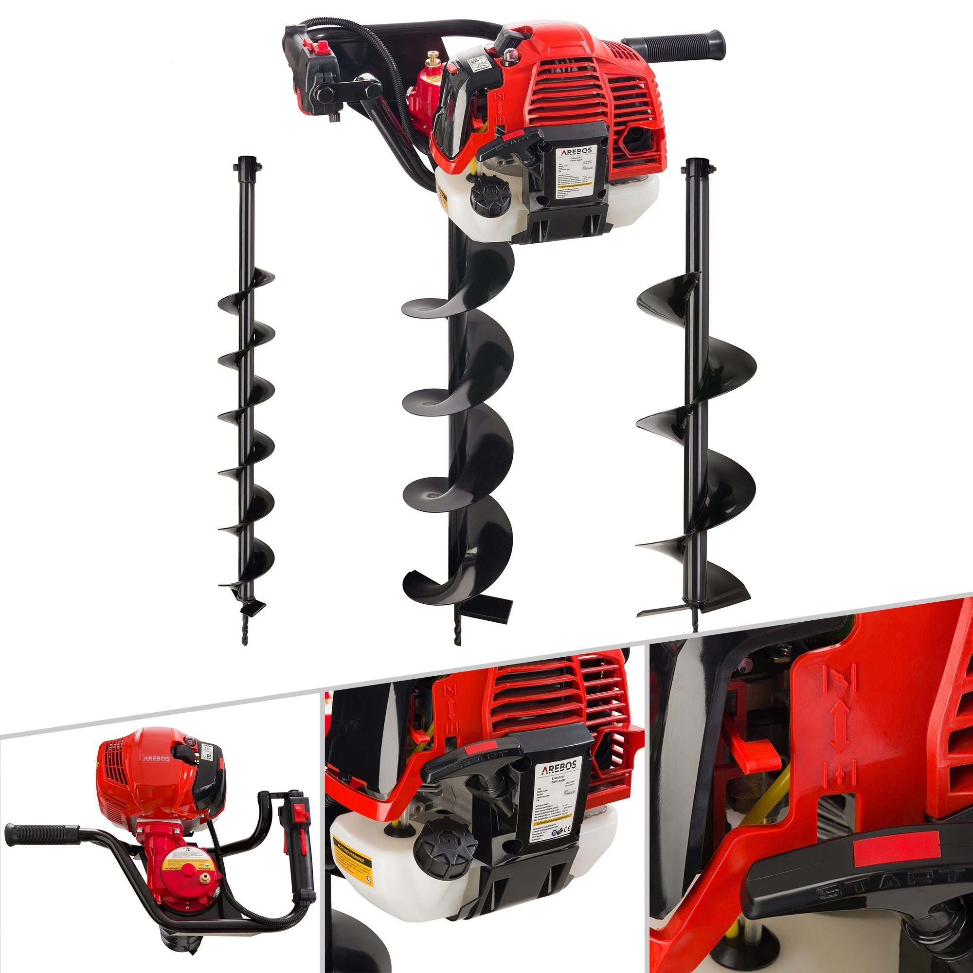 Arebos Erdbohrer Benzin, mit Ölstandglas, Spritpumpe und Entlüftungsventil, 3x Bohreraufsätze (100, 150 und 200 mm), 1x Toolkit