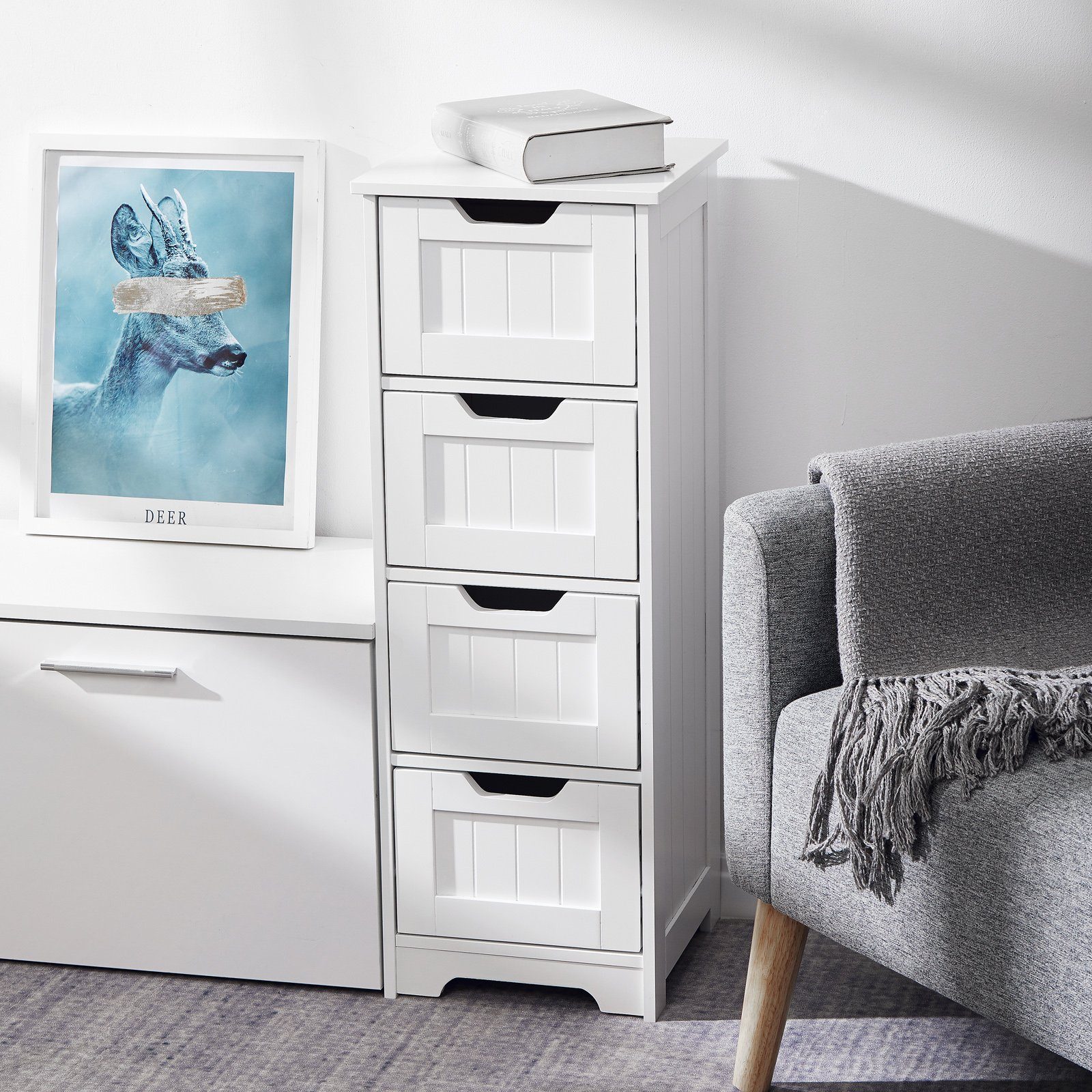 Mondeer Badkommode Badezimmerschrank, Kommode aus Holz, Sideboard mit Stauraum, Modern, Weiß