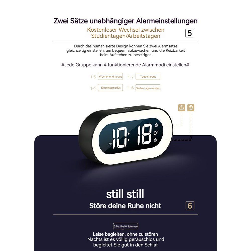 MOUTEN Glockenwecker LED-Wecker, leuchtende elektronische Nachttischuhr