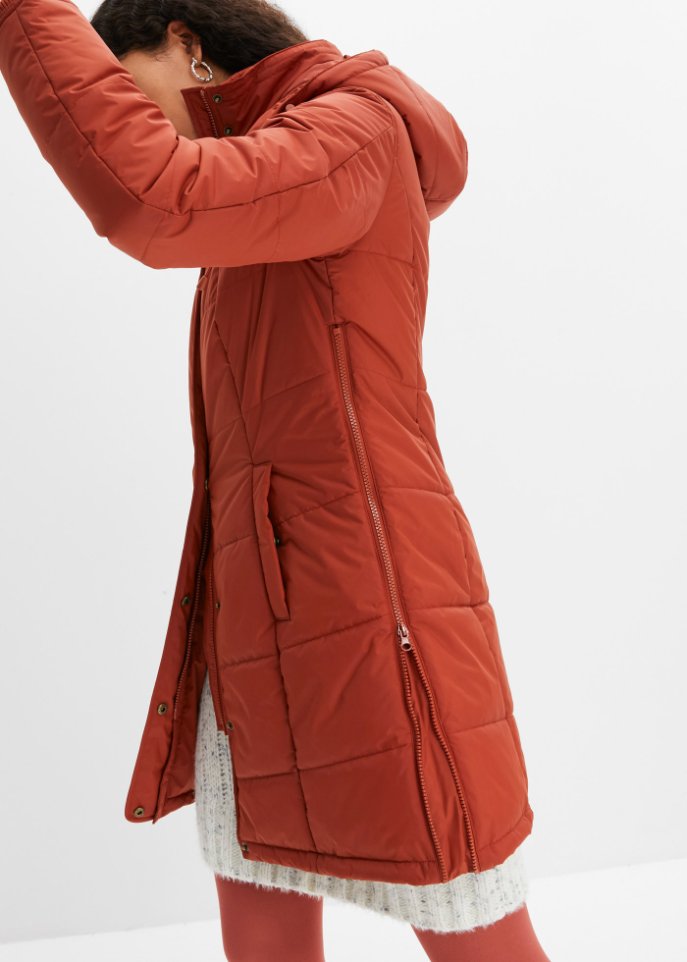 Long-Steppjacke, wattiert mit Kragen und Kapuze