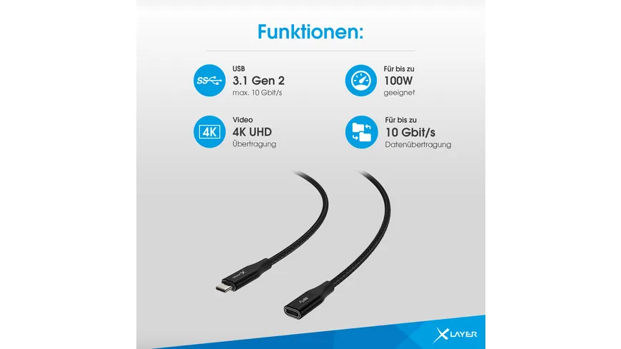 XLayer USB C-Verlängerungskabel für Audio-, Video- & Datenübertragung 1.5 m Black