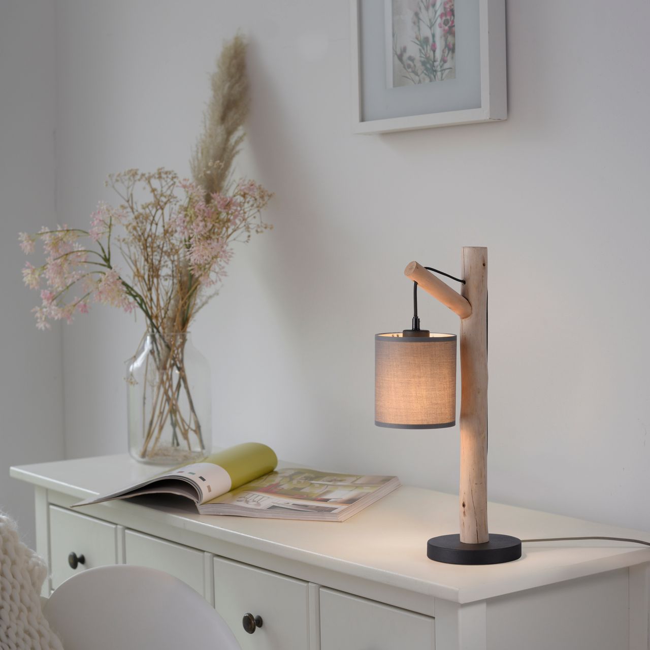 JUST LIGHT Tischleuchte GREEN TRIBU, 1x E27/10,00Watt max., Eukalyptusholz, Taupe