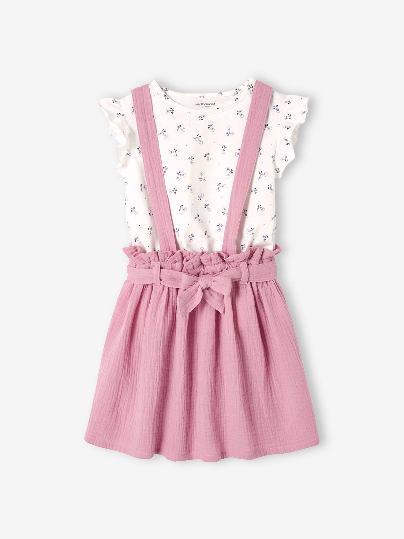 Ensemble fille t-shirt à volants et jupe à bretelles en gaze de coton vert