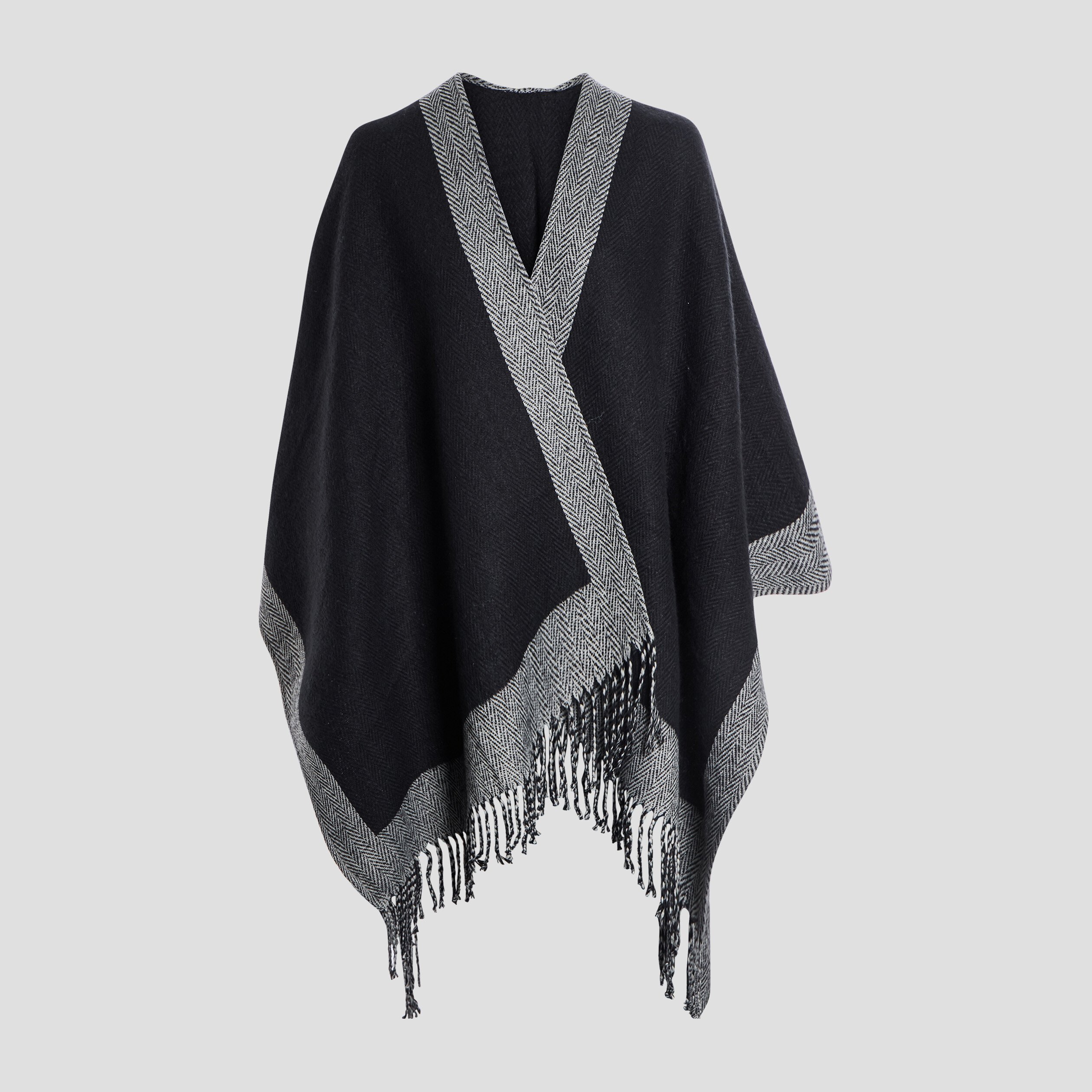 Poncho à franges noir femme | La Halle