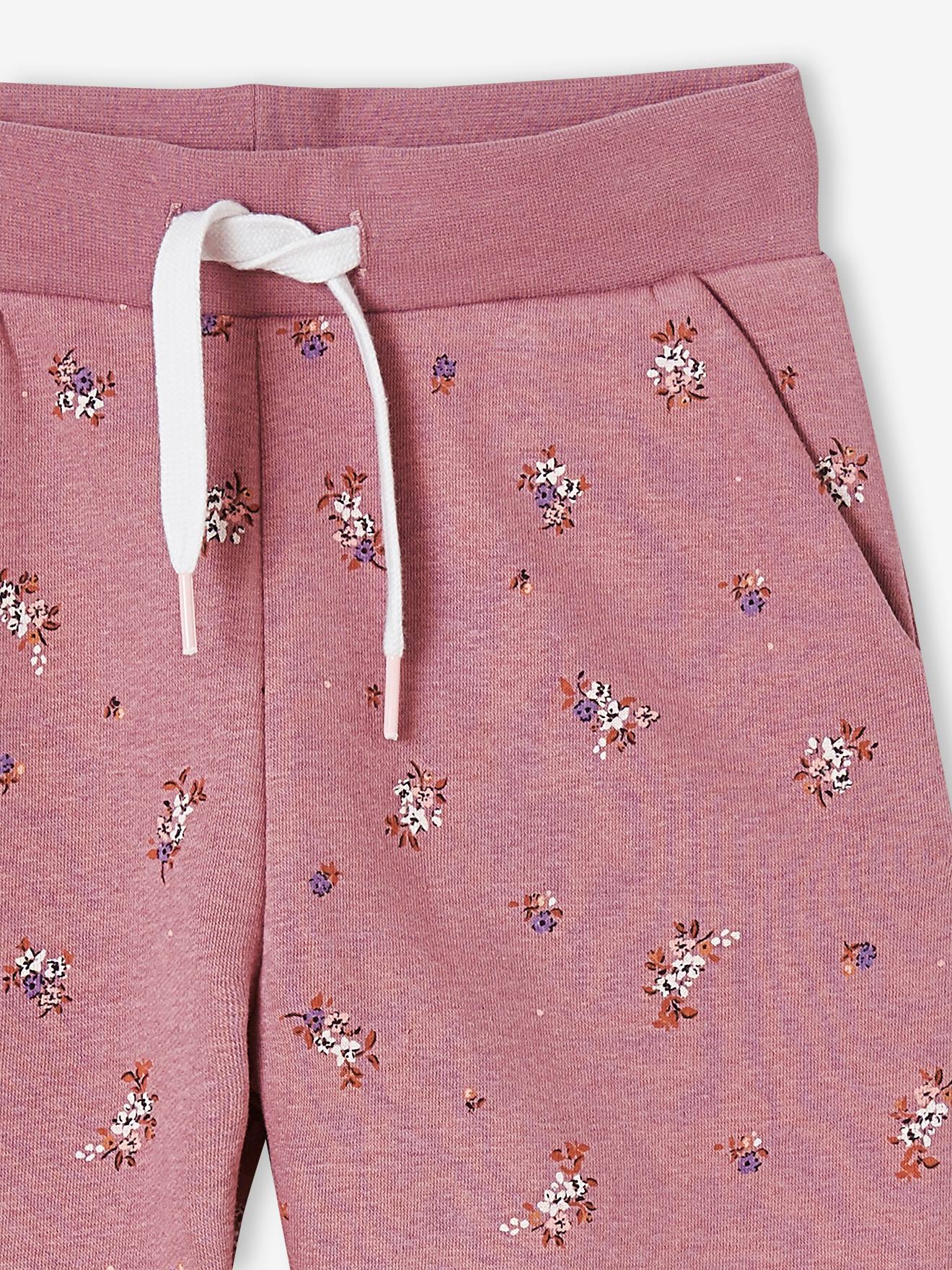 Pantalon jogging imprimé fleurs fille en molleton bleu foncé imprimé