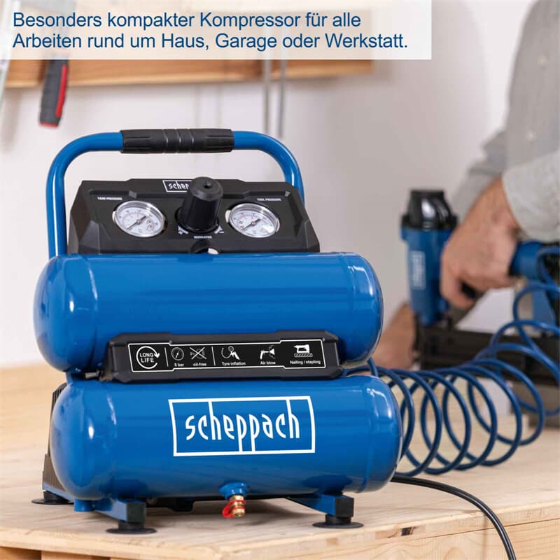 Woodster Scheppach Kompressor HC10-Twin ölfrei 8 bar 2x7,5L 750W Doppeltank