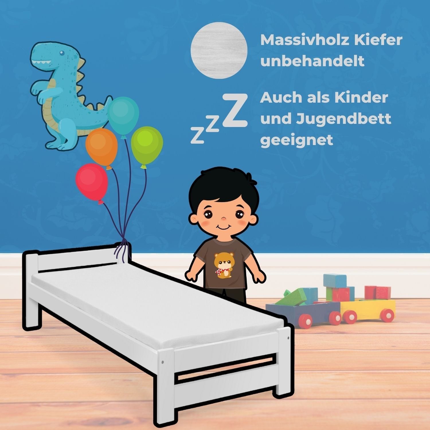 Coemo Holzbett (Bettgestell mit Rollrost), Holzbett Classico mit Lattenrost Kiefer Weiß 80 x 200 cm