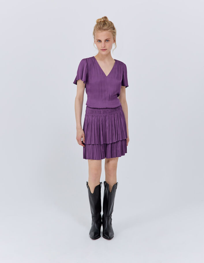 Robe courte violet à volants micro-plissée Femme