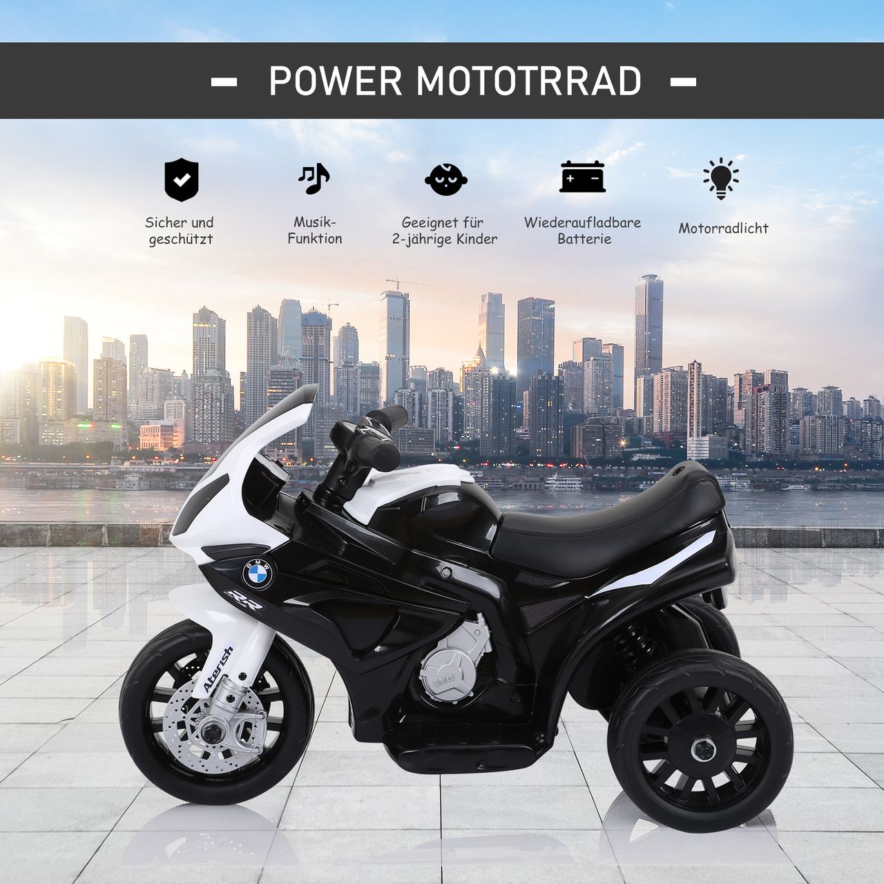 HOMCOM Elektro Kindermotorrad Kinderfahrzeug Lizensiert von BMW S1000RR Elektro-Dreirad mit Akku Stahl Schwarz 66 x 37 x 44 cm