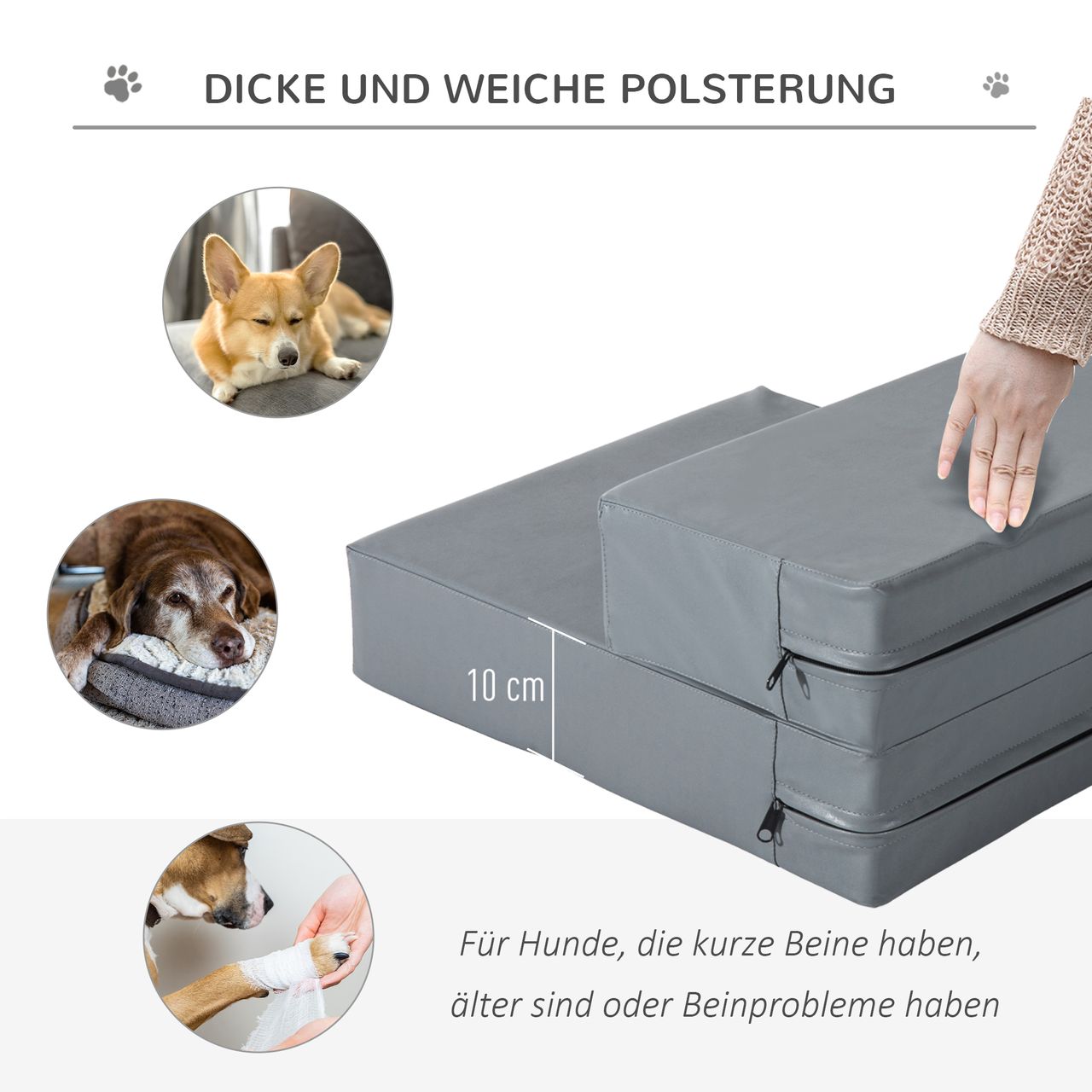 PawHut Tiertreppe Tierunterlage Klappbar Hundetreppe Treppe Unterlage für Katzen und Hunde Grau L45 x B39 x H20 cm