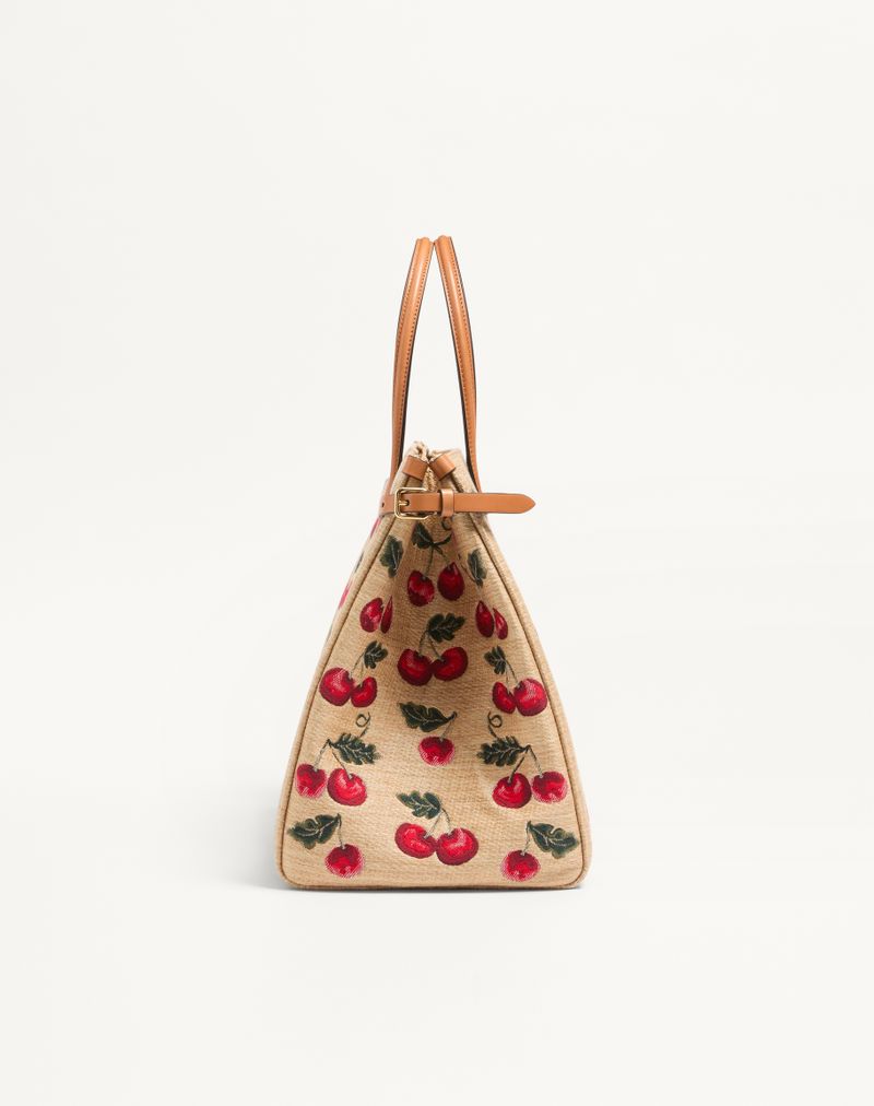 Borsa Shopping Media Valentino Garavani Antibes In Rafia Jacquard Con Motivo Cherryfic