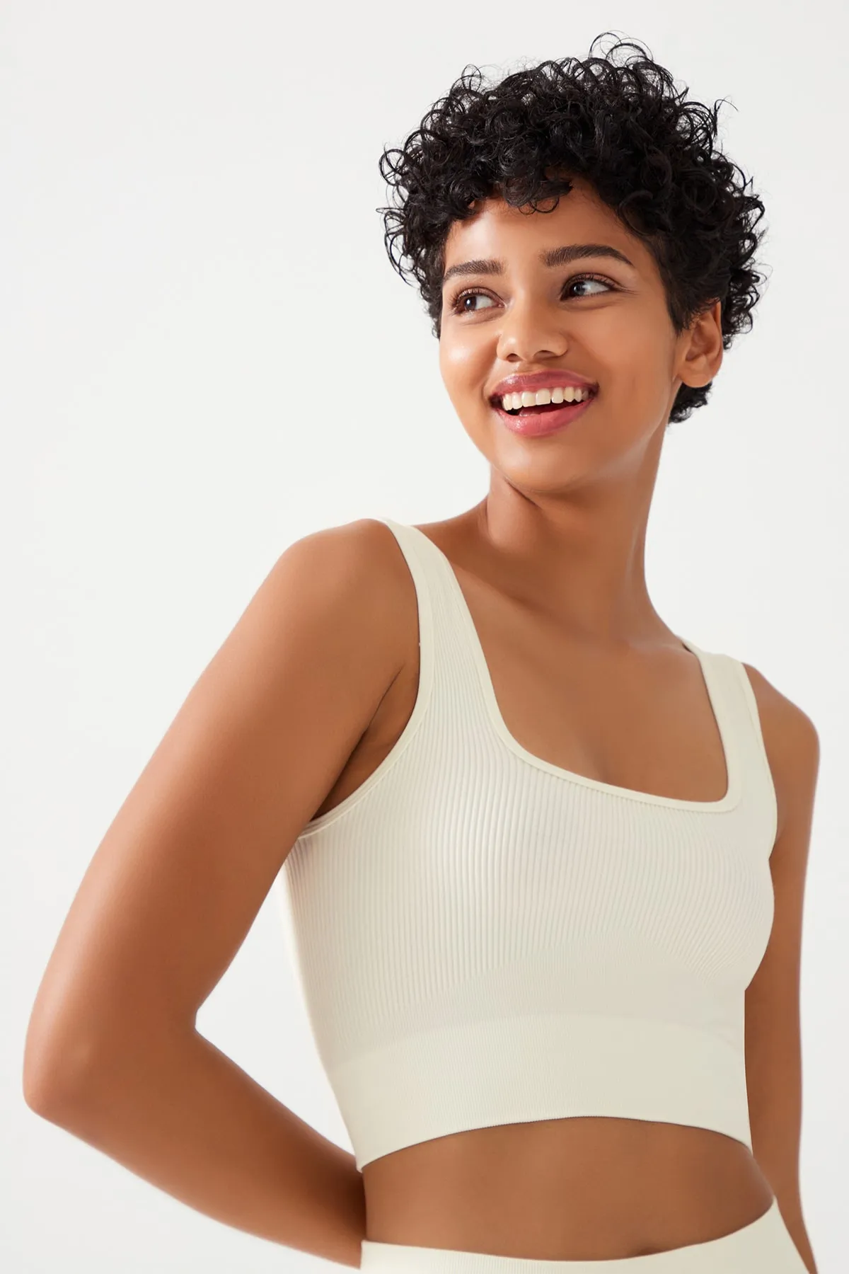 LOS OJOS  Ecrufarbenes, geripptes Crop-Top mit quadratischem Ausschnitt und Bustier für Damen