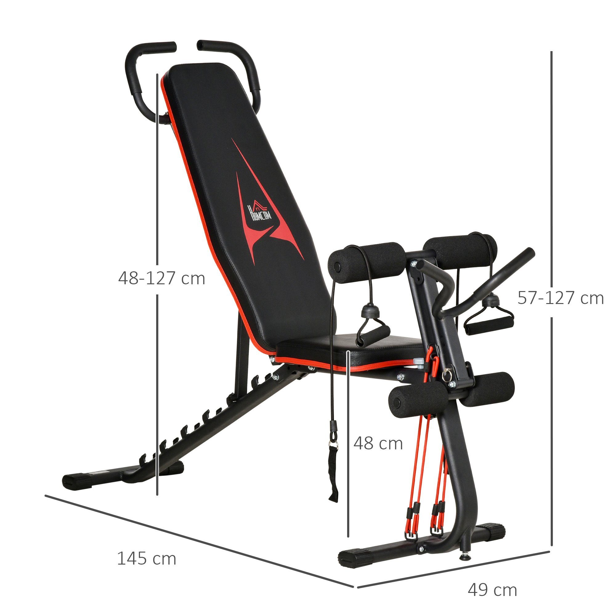 HOMCOM Hantelbank verstellbare Trainingsbank Stahl Kunstleder Schwarz+Rot, (Set, 1-tlg., 6 Stufen Rückenlehne-Gefälle Gewicht bis 150 kg), 145L x 49B x 57-127H cm