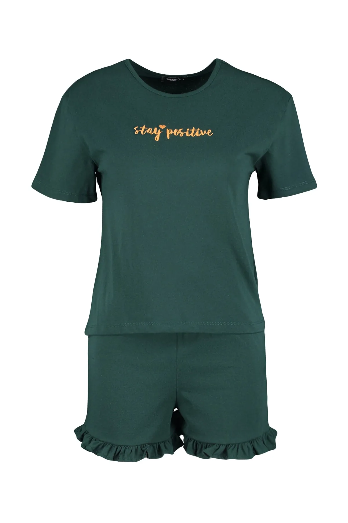 Trendyol Collection  Dunkelgrünes gestricktes Pyjama-Set aus 100 % Baumwolle mit bestickten Rüschen und T-Shirt-Shorts THMSS20PT0165