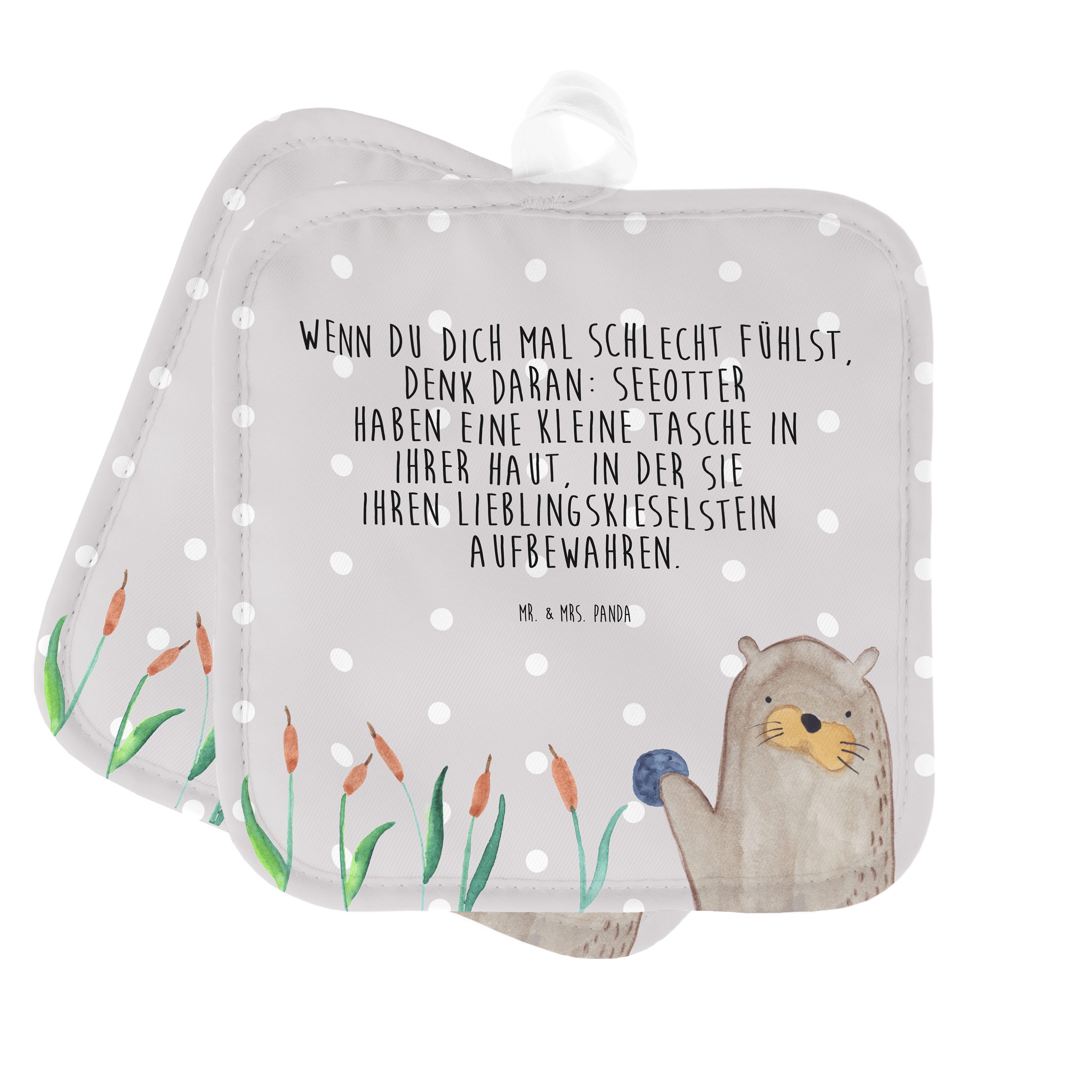 Mr. & Mrs. Panda Topflappen Otter mit Stein - Grau Pastell - Geschenk, Topflappen mit Spruch, Top, (1-tlg)