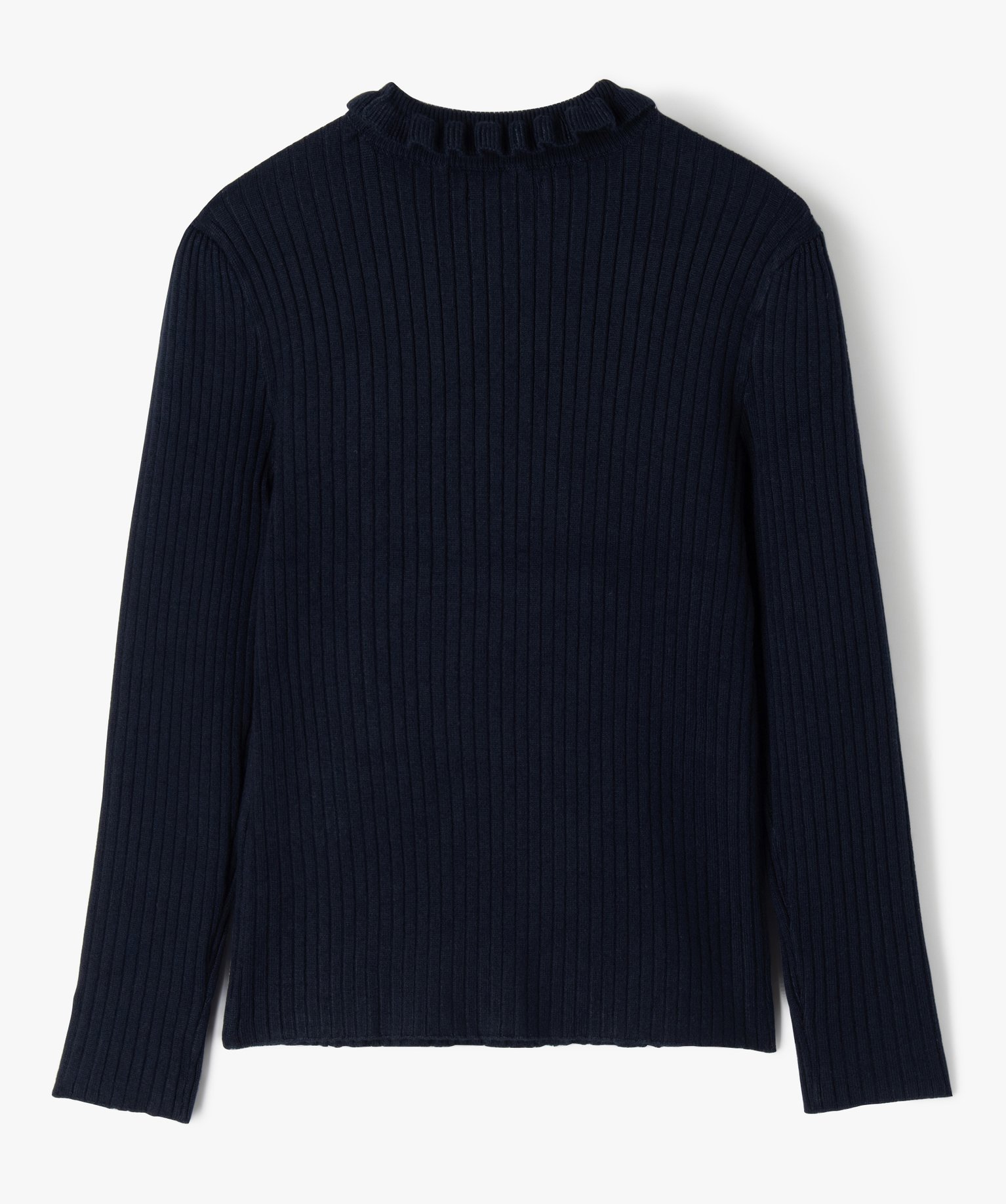 Pull en maille ctelée avec col montant froncé fille marine | GEMO