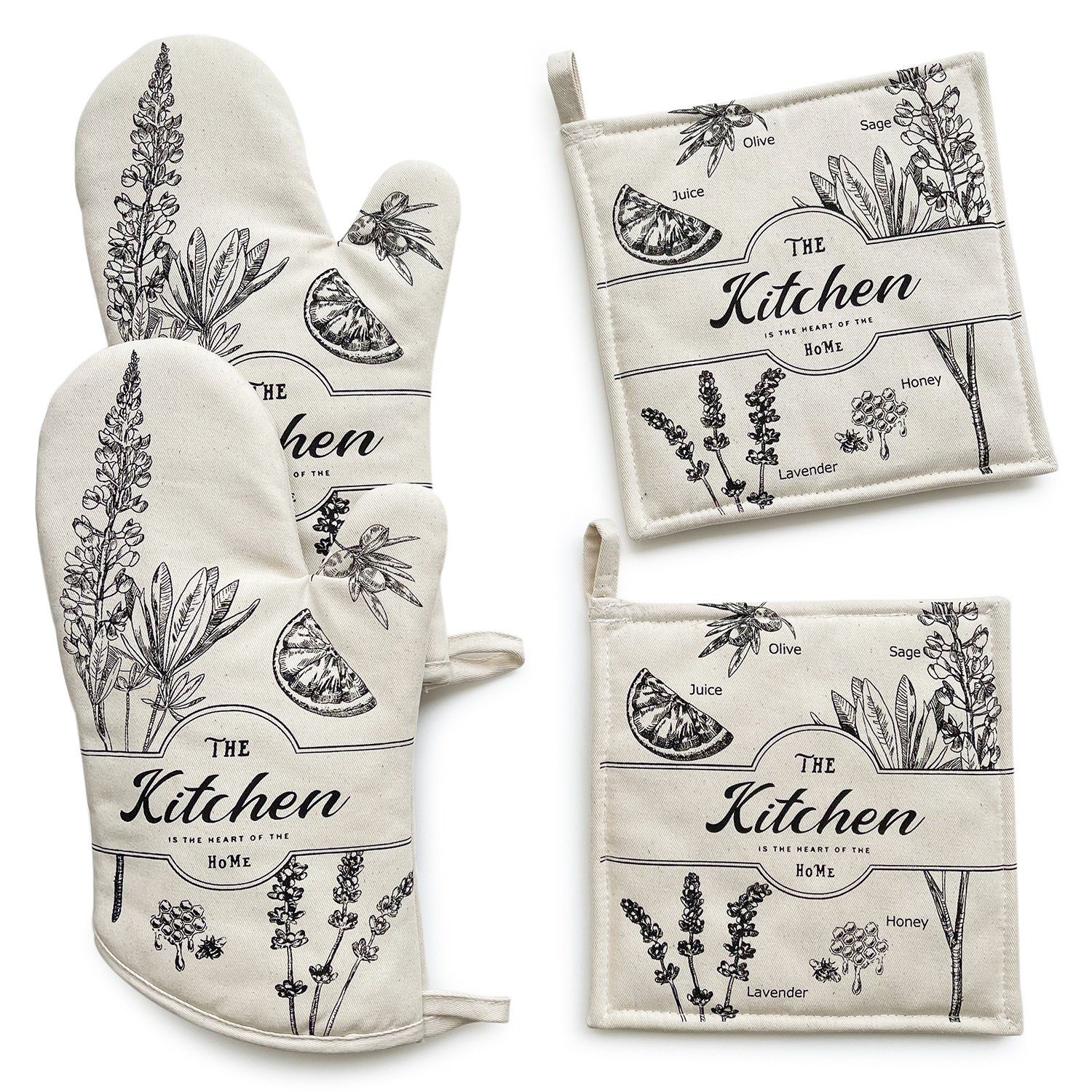 SCOKIT Topflappen 6 Stücke Küchen-Set, (Set, 6-tlg., Inklusive 2x Baumwollköper-Bügelhandschuhe 2x Tischsets 2x Servietten), Rustikales Muster Geeignet zum Verschenken