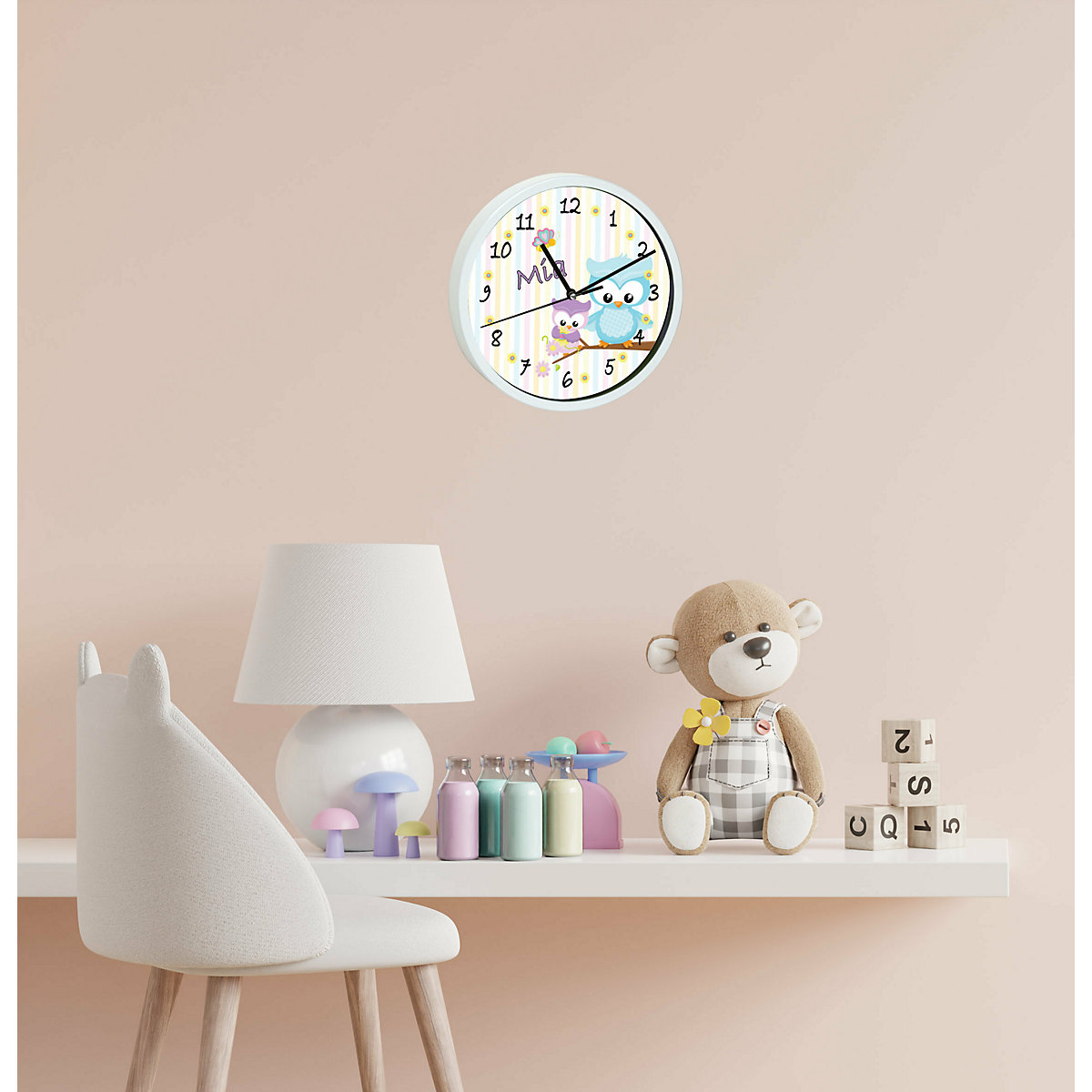Kinder Wanduhr personalisiert mit Name Eule Frühling