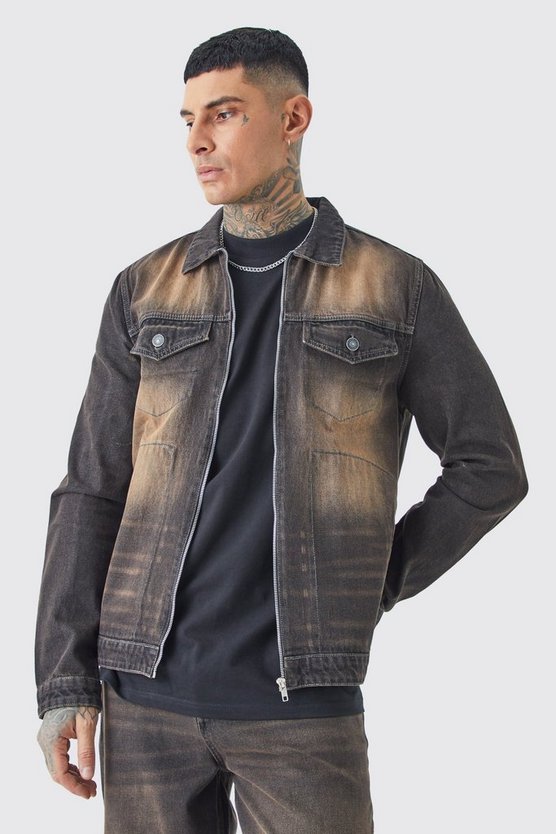 Tall Zip Through Washed Denim Jacket