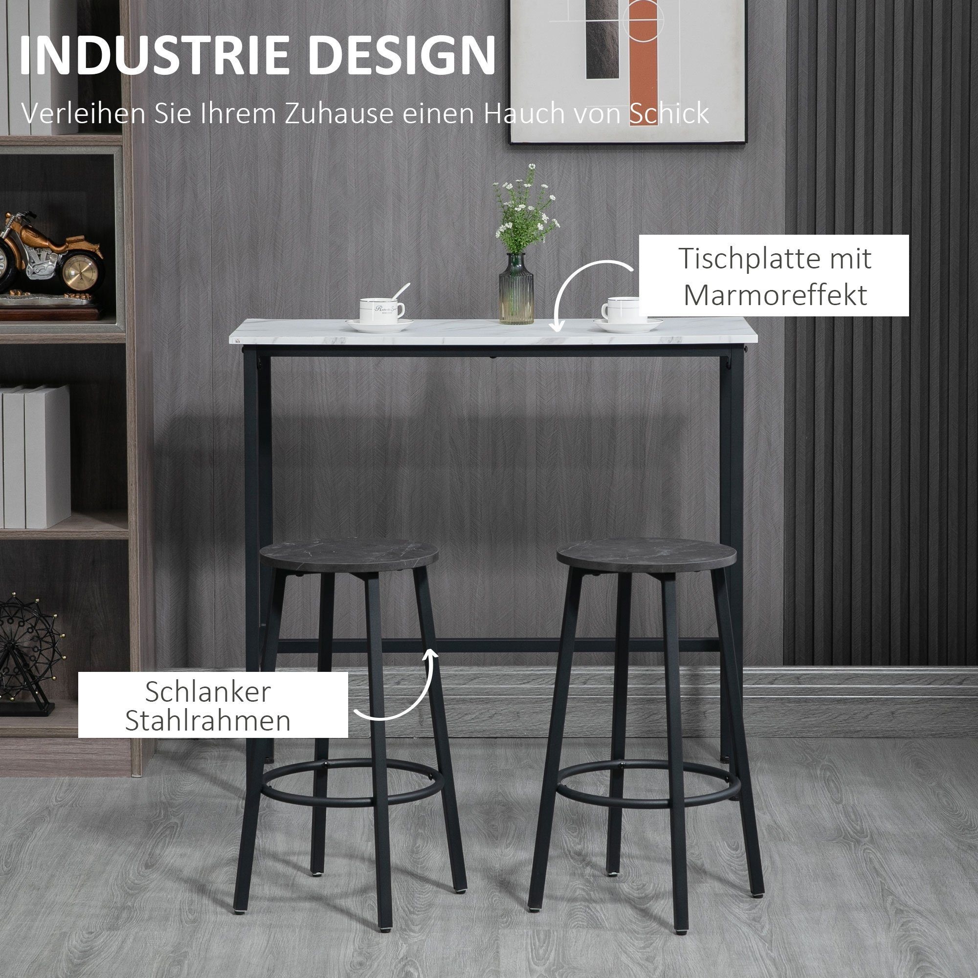 HOMCOM Bargruppe Bartisch mit Barhocker Set, 3-teiliges Bartisch Set für Esszimmer, (3-tlg)