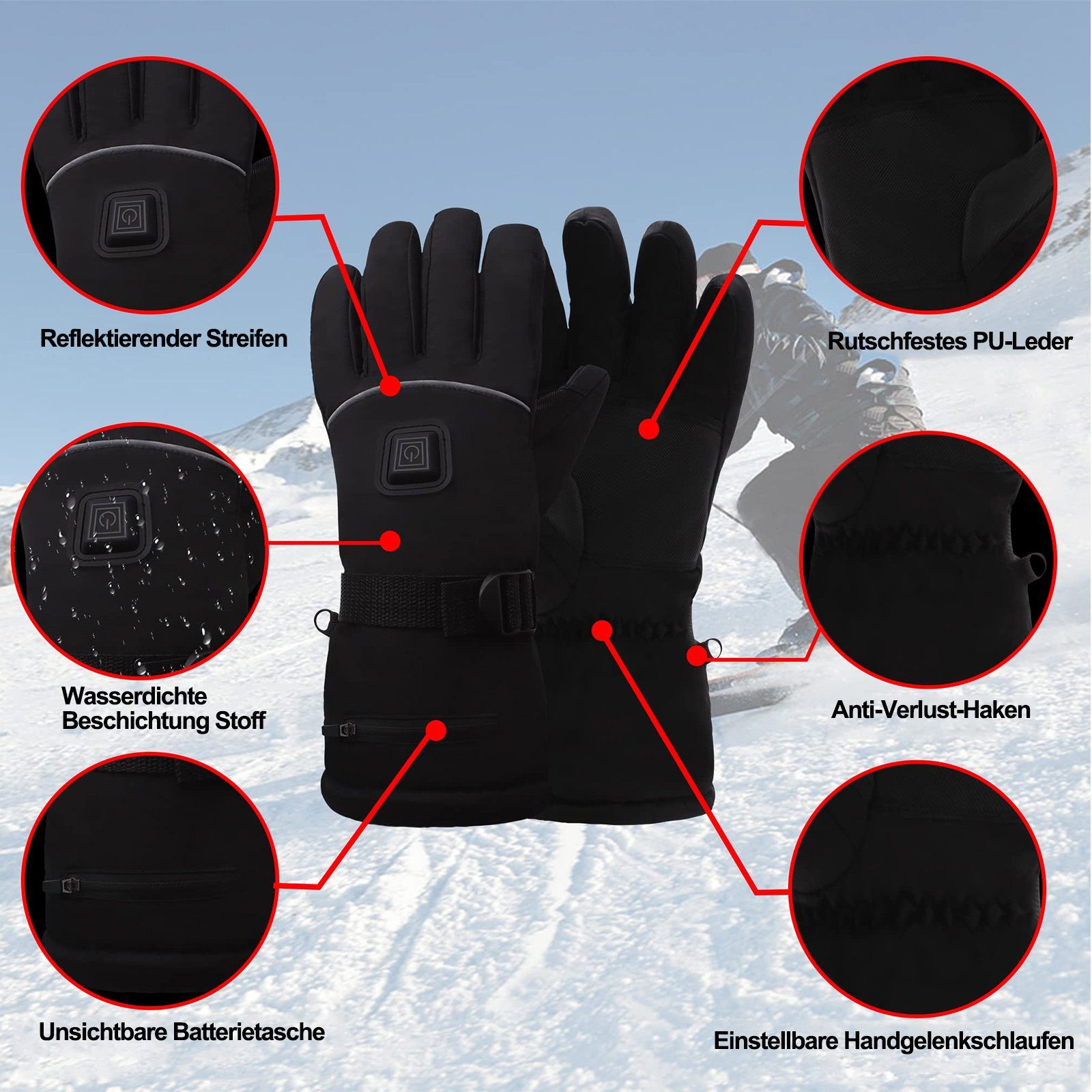 Rosnek Elektriker-Handschuhe Beheizt, 3 Stufen, wasserdicht, für Jagd Wandern Ski Winterarbeit (1 Paar) Touchscreen, Batterie
