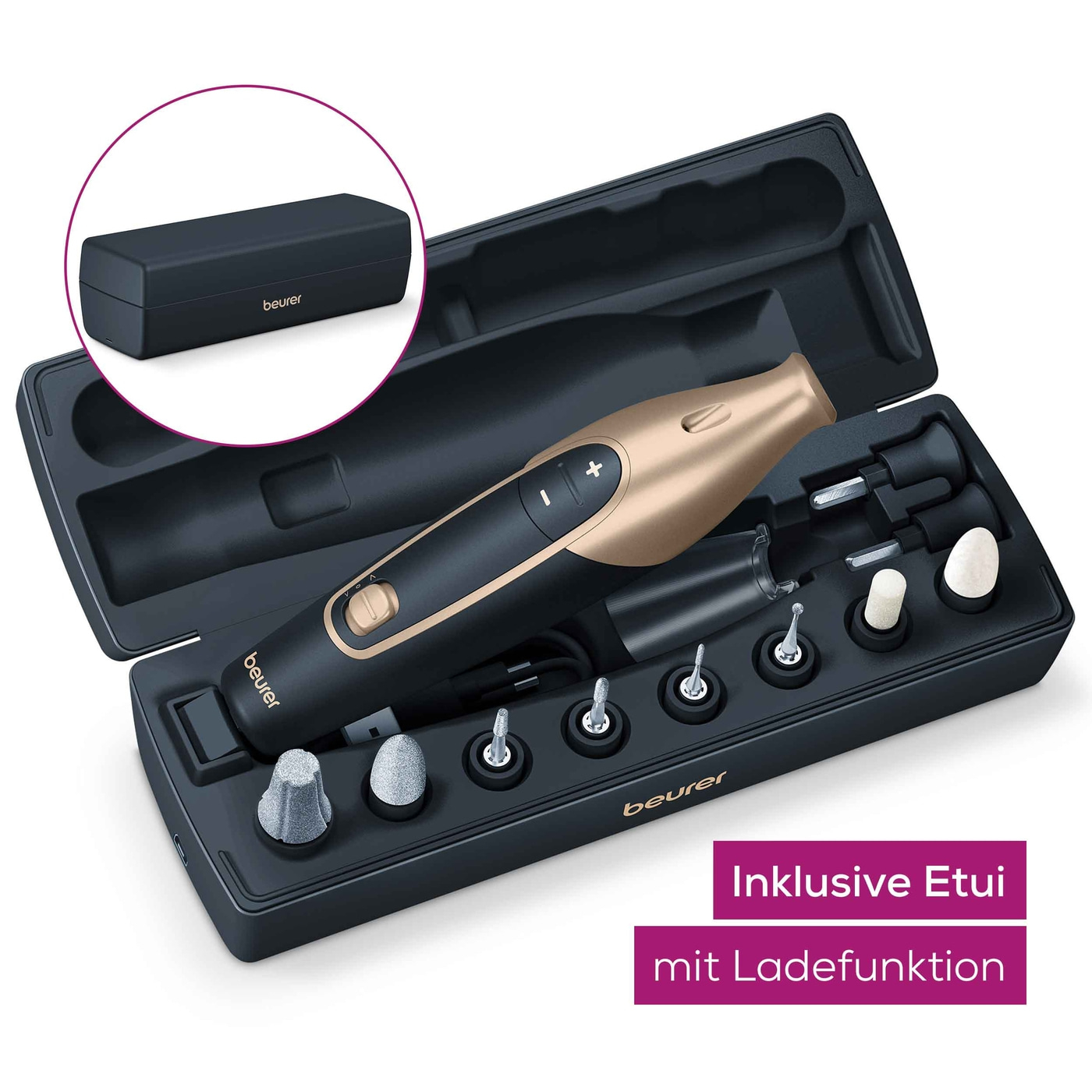 Beurer Wiederaufladbares Maniküre- & Pediküreset MP 84-Kabelloser Nagelfräser für Maniküre & Pediküre mit 10 Saphir- & Filzaufsätzen