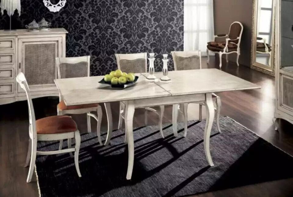 JVmoebel Esszimmer-Set Weiß Esszimmer Garnitur Esstisch 4x Stühle Sideboard, (7-St., Nur Esstisch + 4x Stühle + Sideboard + Vitrine), Made in Italy